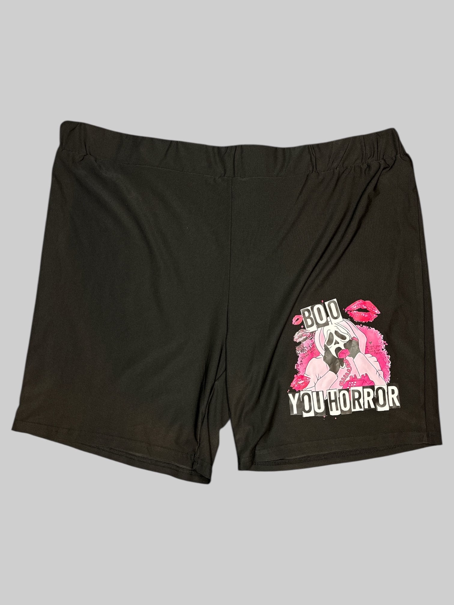 3X Black “Boo you horror” shorts with elastic waistband