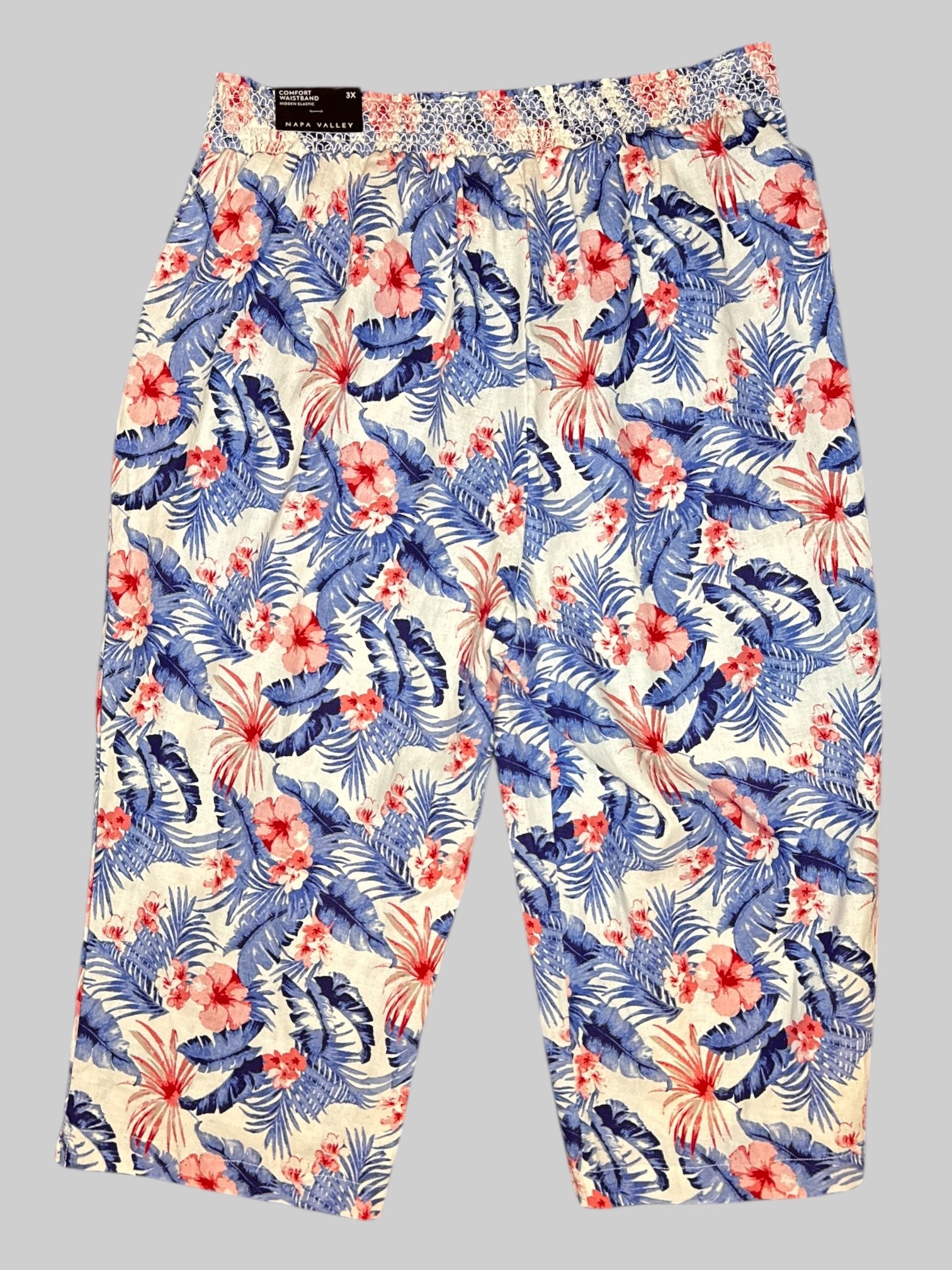 3X NWT White pants with red pink and blue botanicals and florals, and elastic waistband