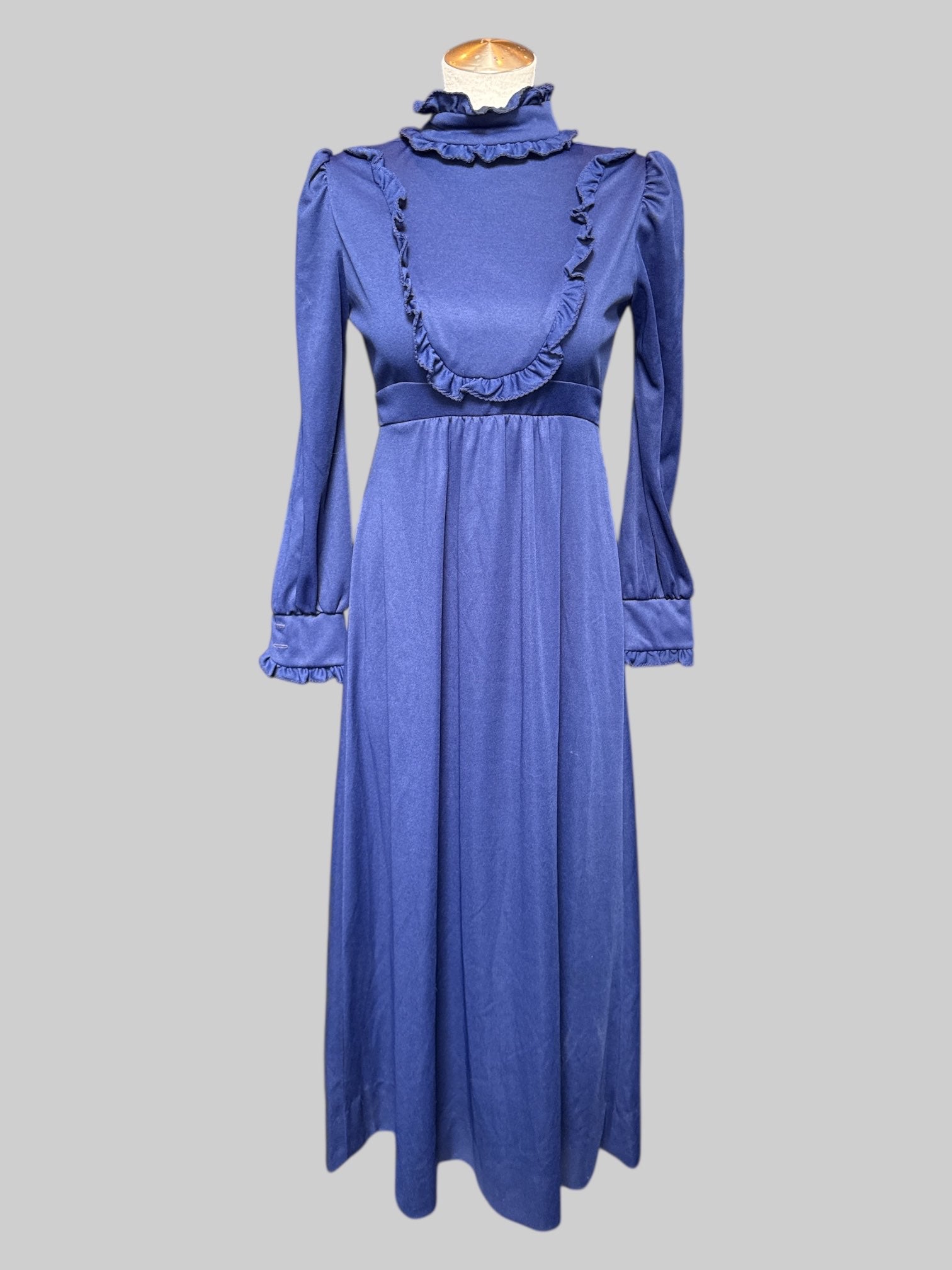 M Vintage navy blue dress with ruffles, pleating, and tie and zipper in the back