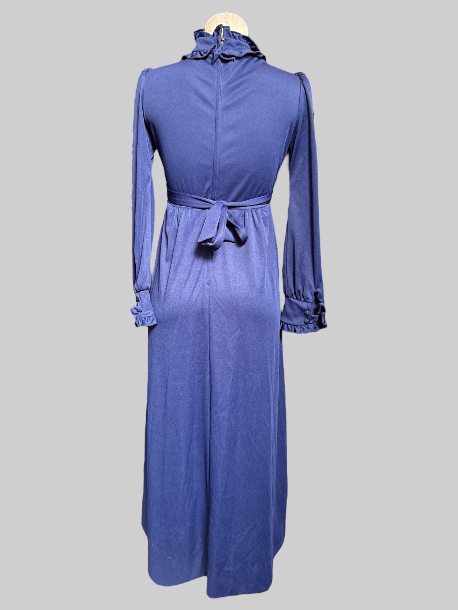 M Vintage navy blue dress with ruffles, pleating, and tie and zipper in the back