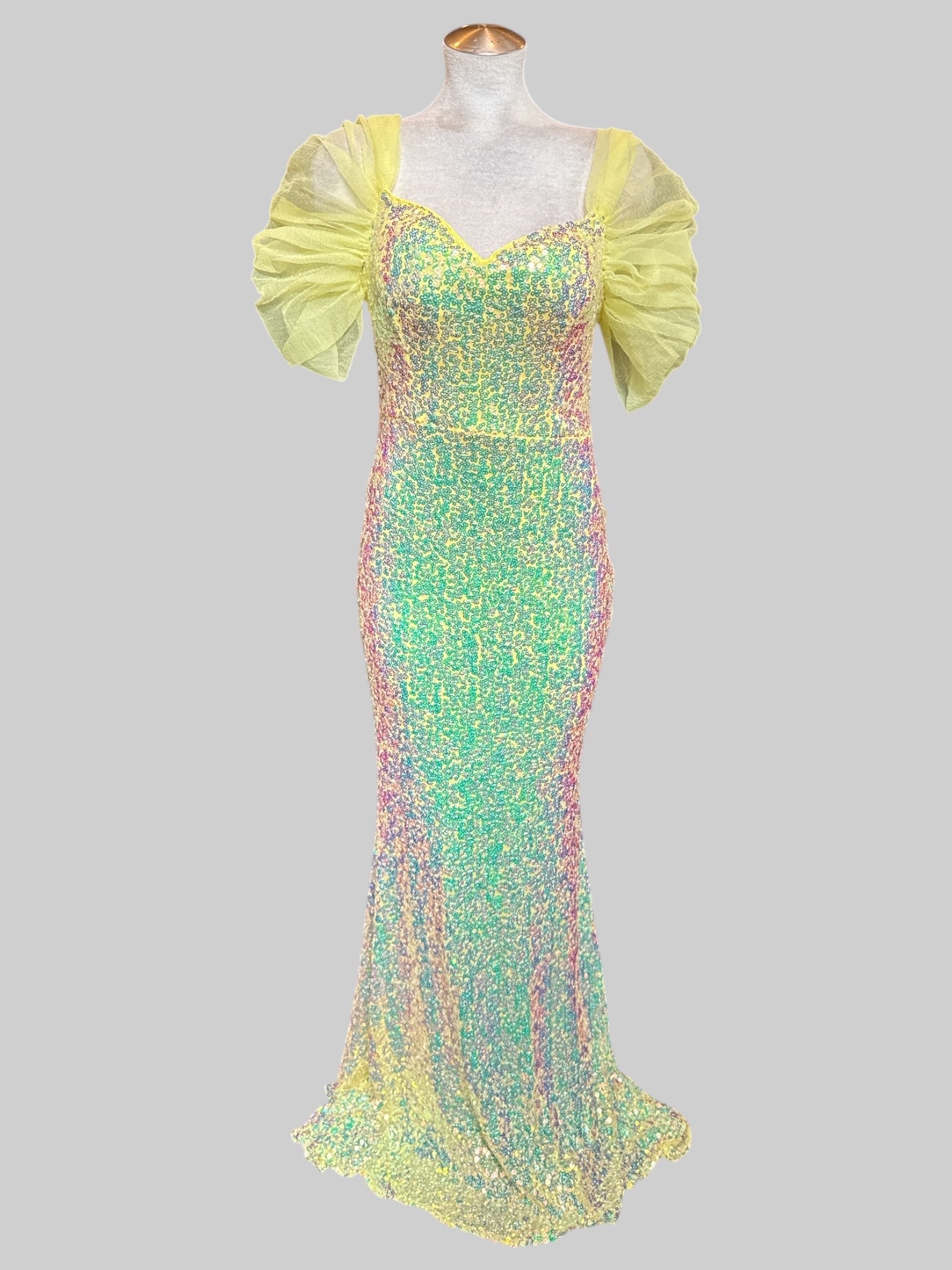 M Maxi yellow dress with multicolor sequins, yellow tulle sleeves, and zipper in back