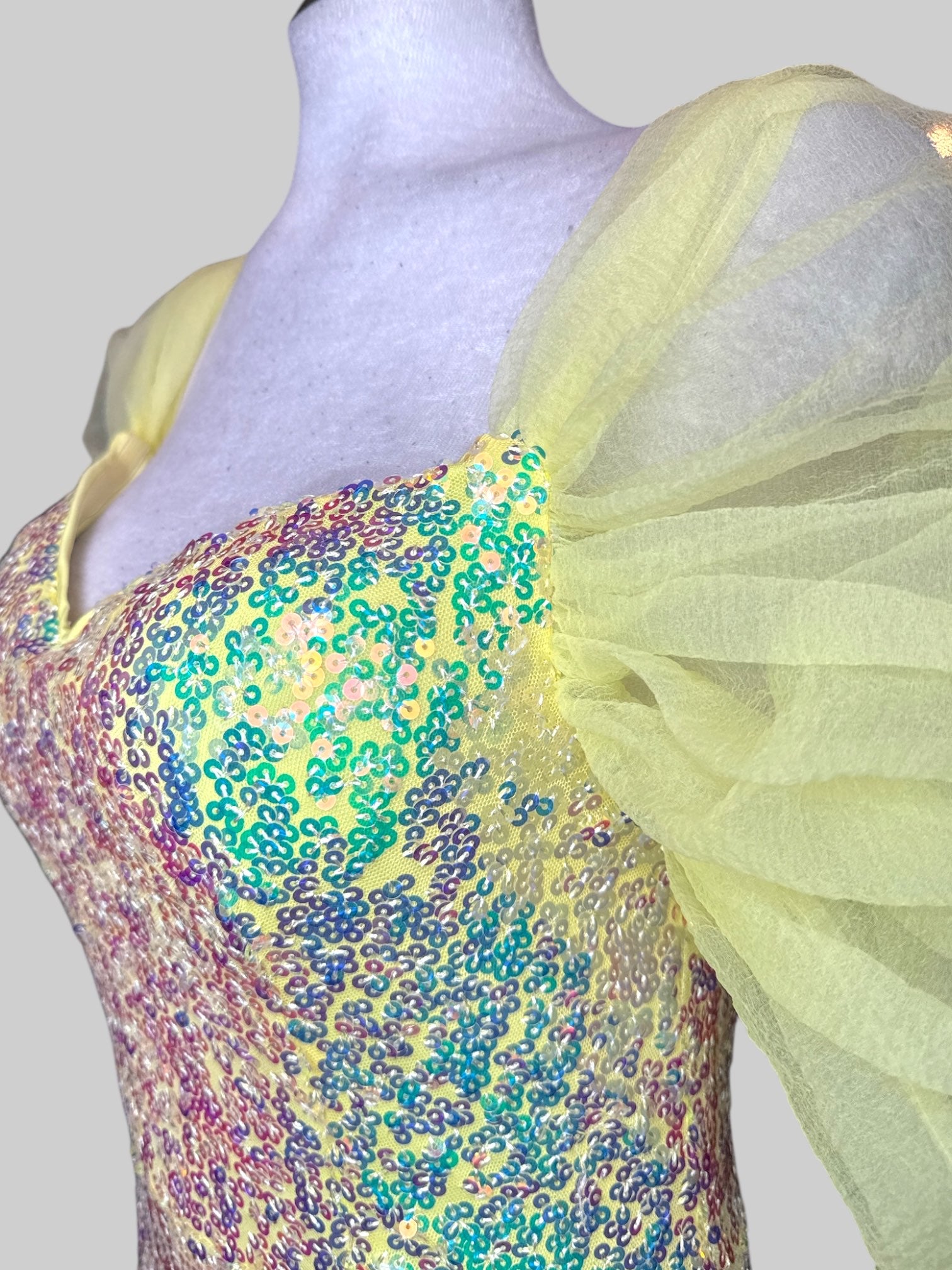 M Maxi yellow dress with multicolor sequins, yellow tulle sleeves, and zipper in back