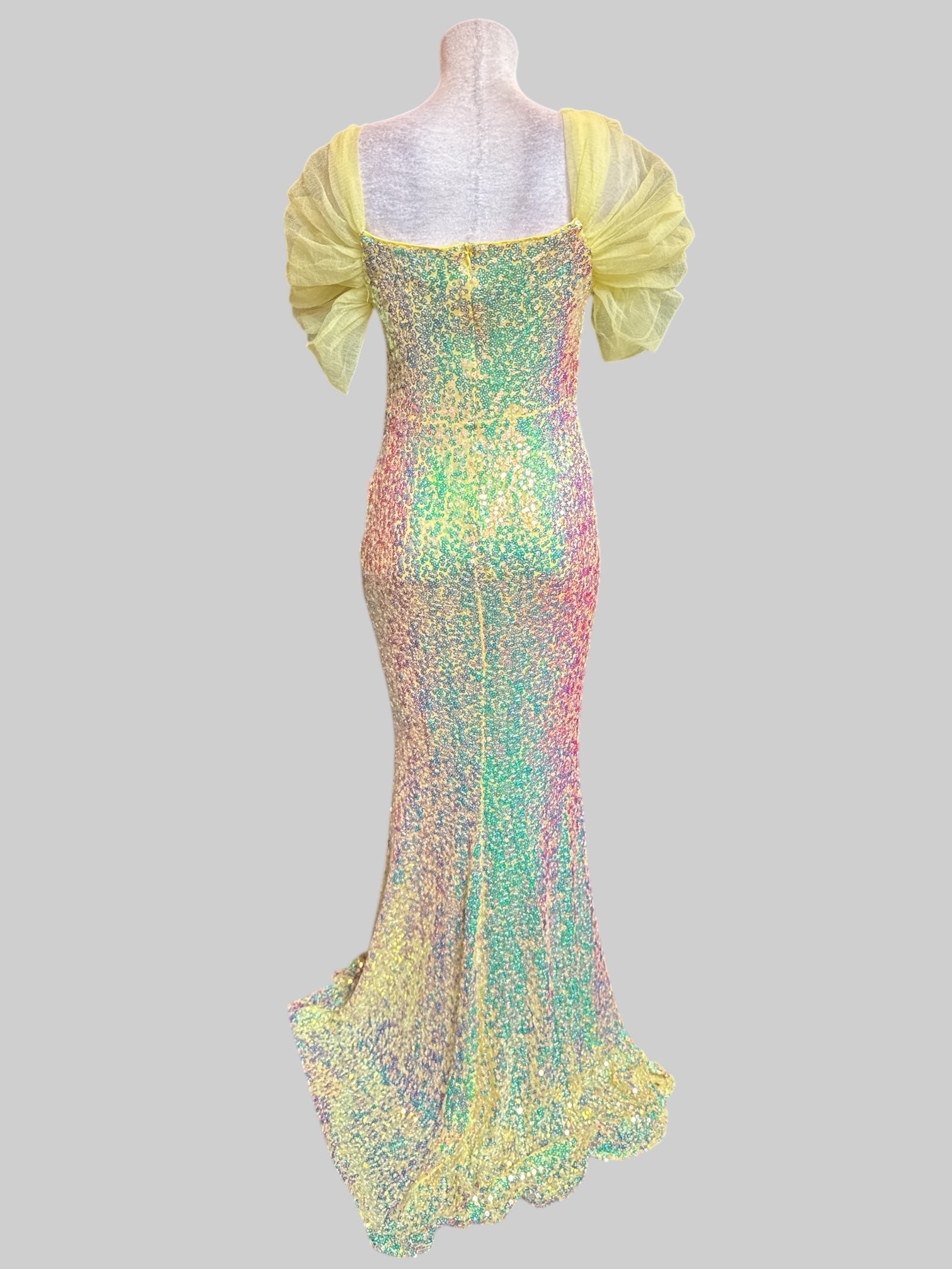 M Maxi yellow dress with multicolor sequins, yellow tulle sleeves, and zipper in back