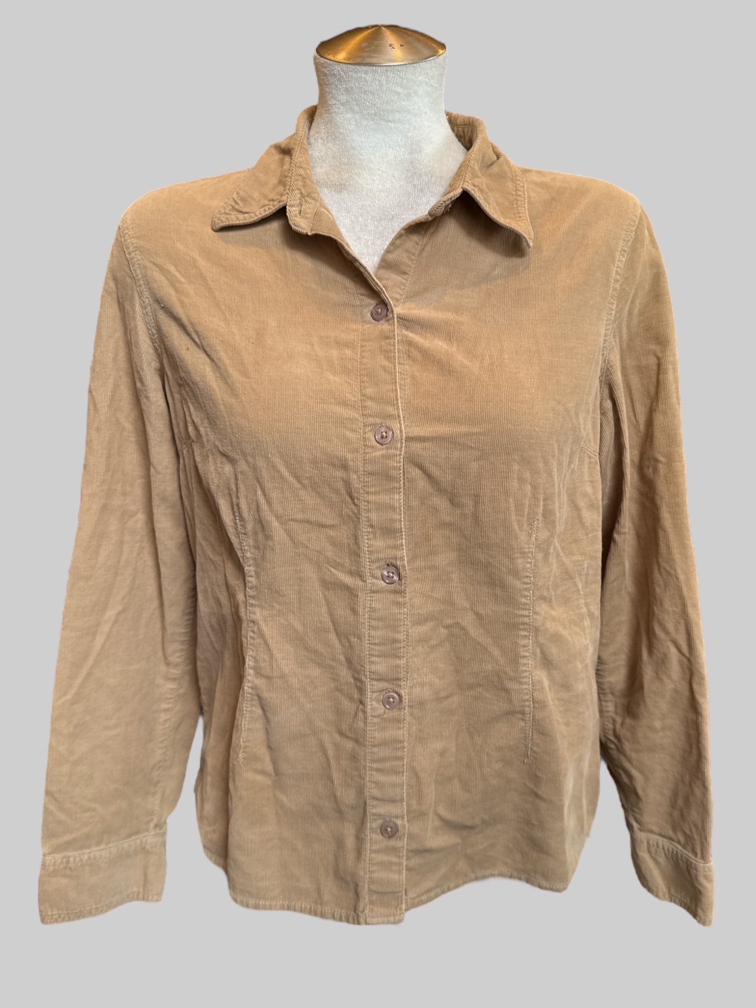 L Petite tan corduroy button up