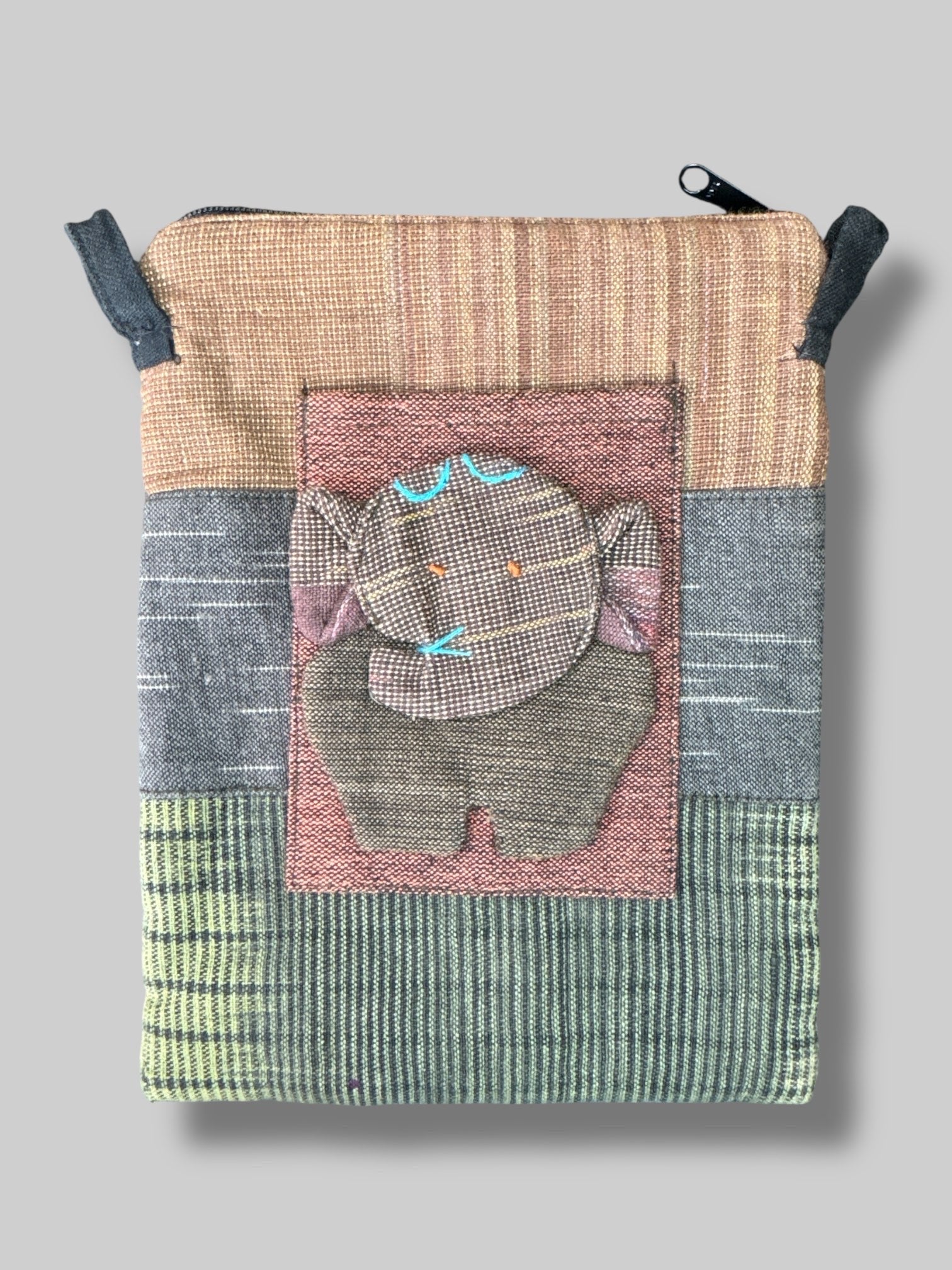 Dark homes knit zipper bag with front pockets, and elephant design