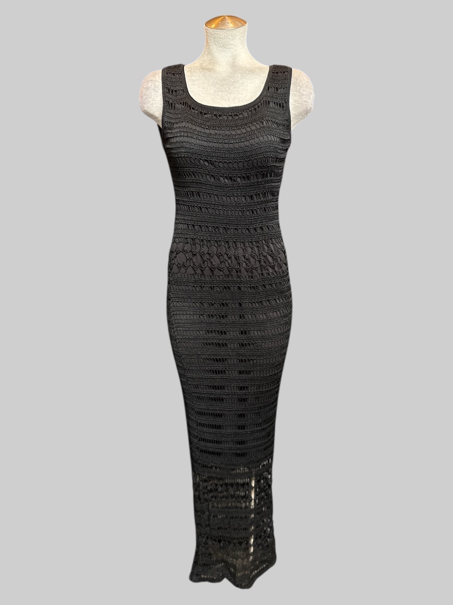 L Vintage black maxi dress with crocheted outer layer