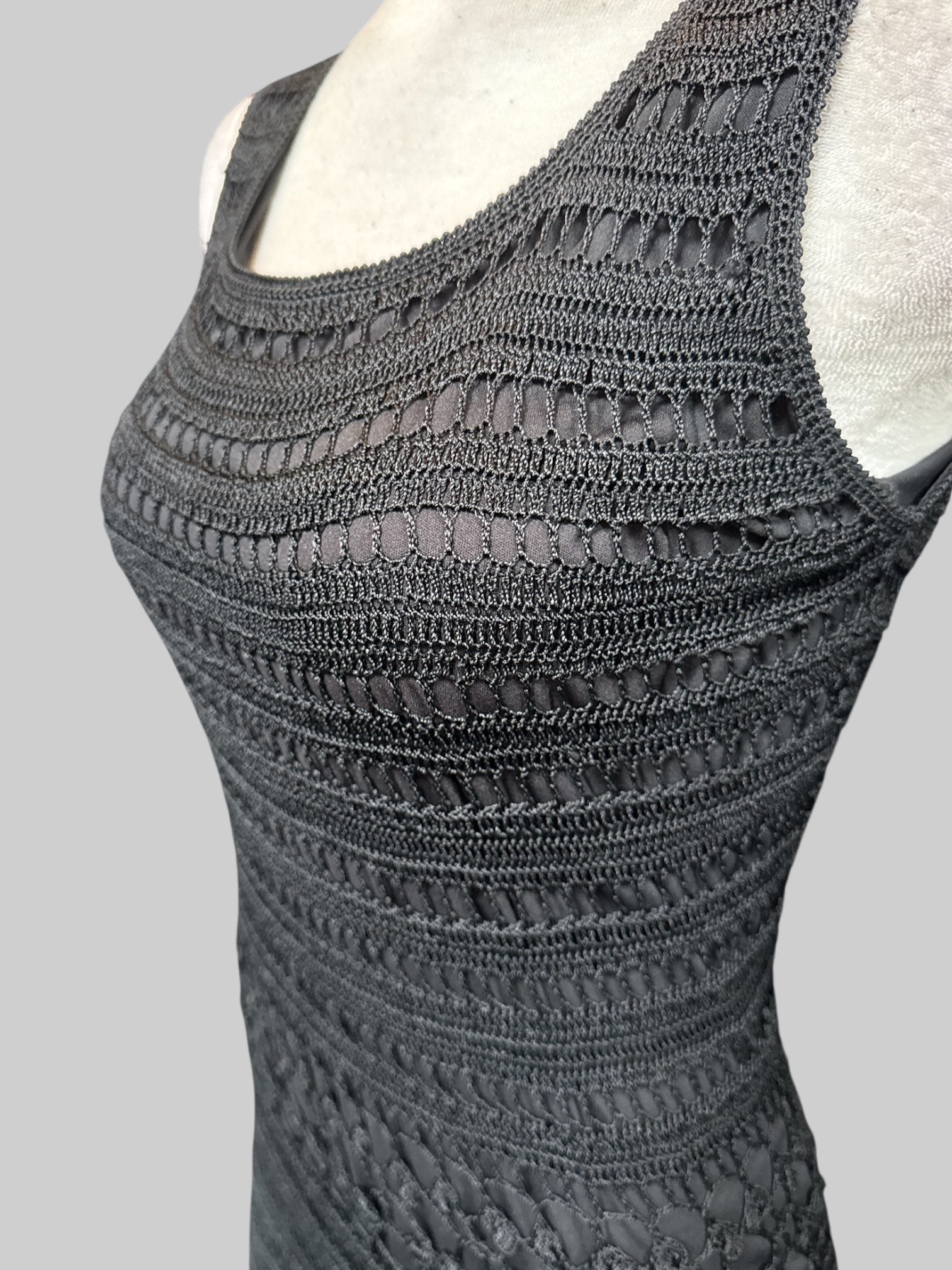 L Vintage black maxi dress with crocheted outer layer