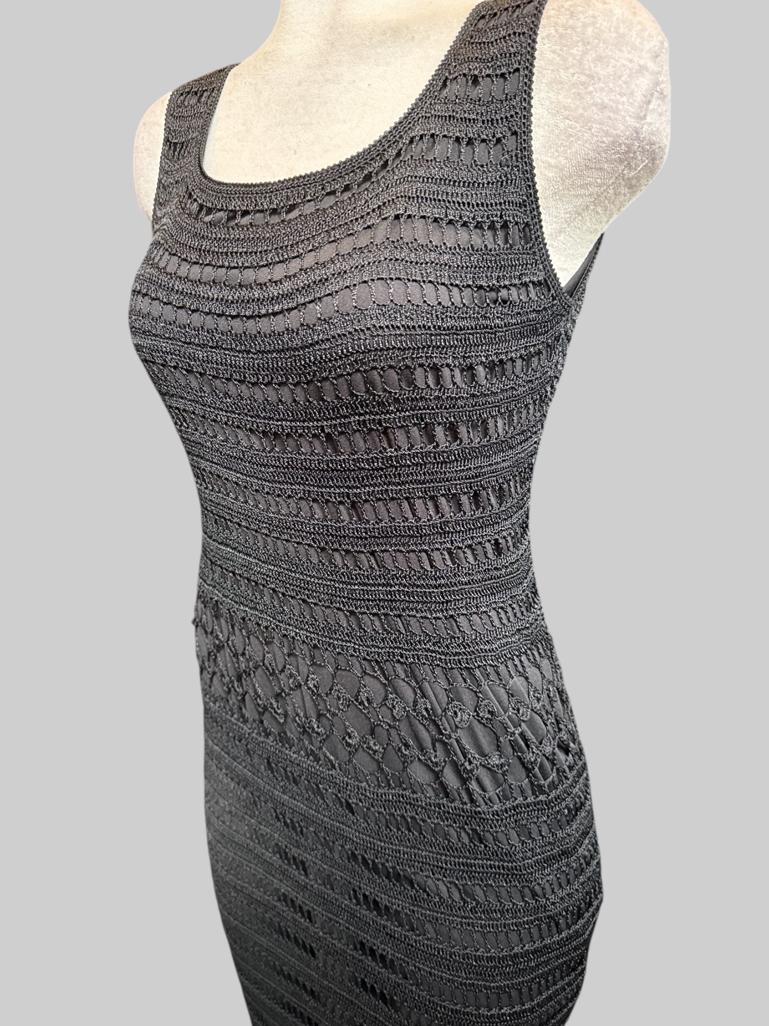 L Vintage black maxi dress with crocheted outer layer