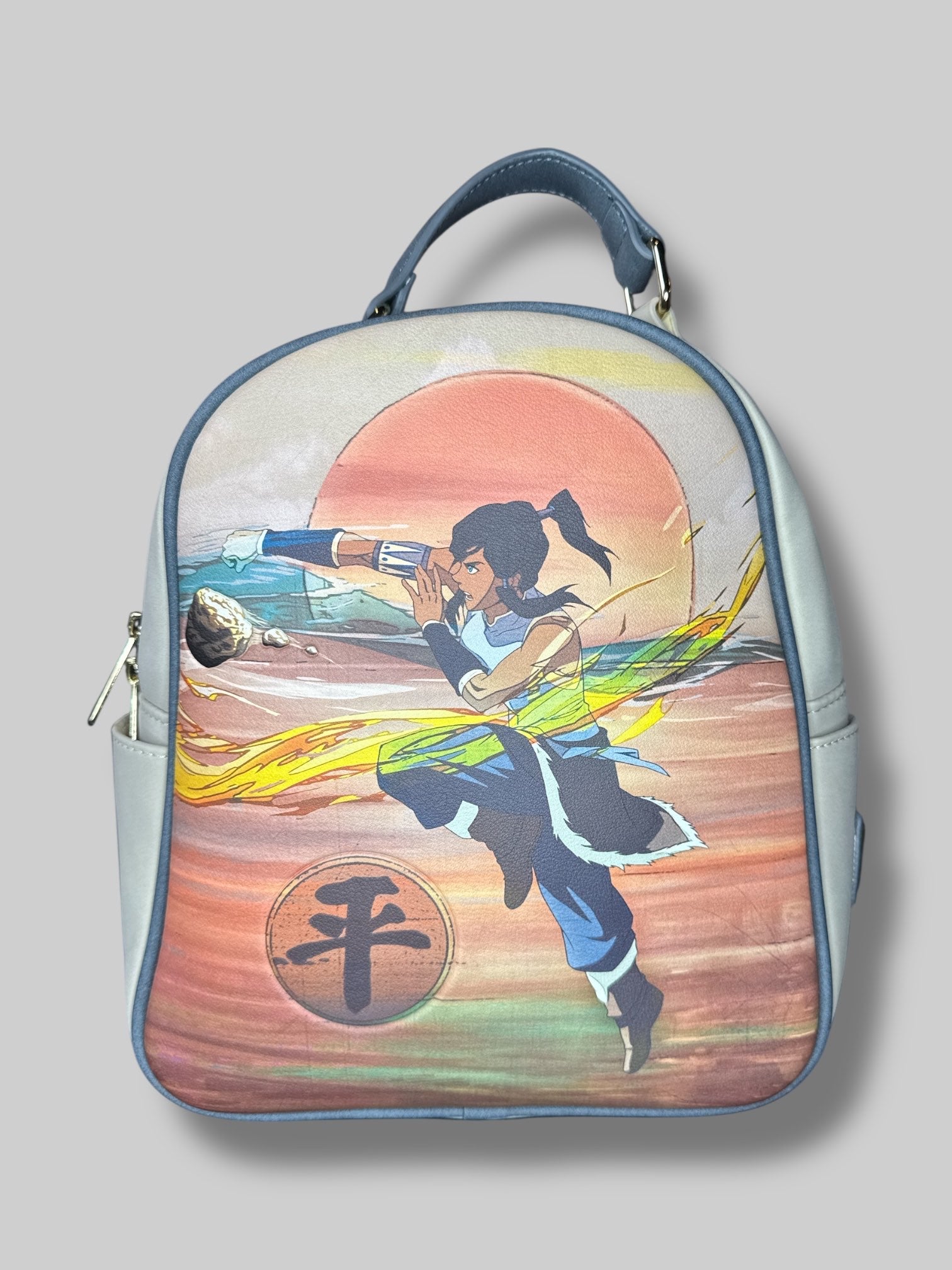 Avatar Legends of Korra lounge fly backpack with zipper pockets inside and out, and design on back