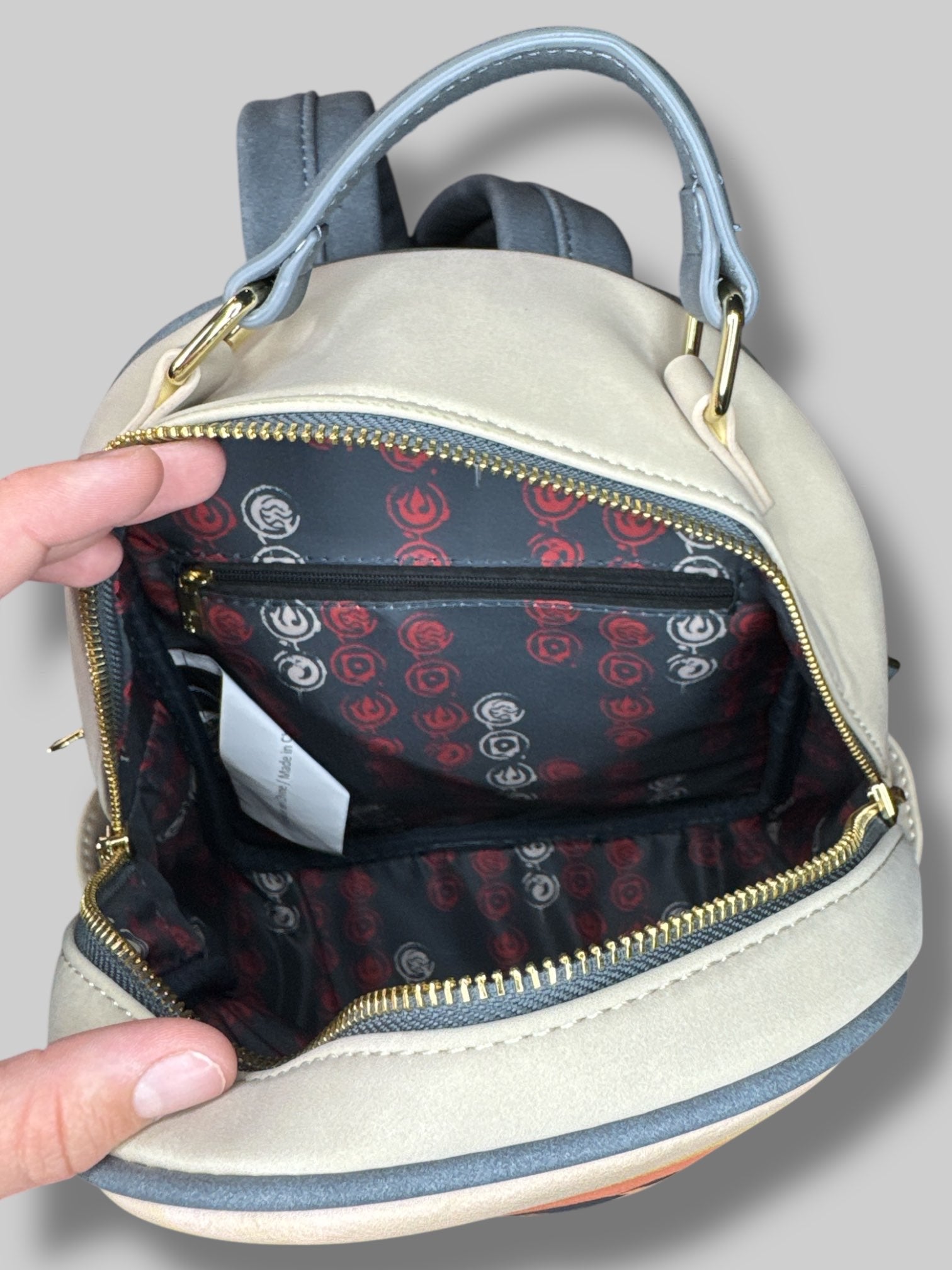 Avatar Legends of Korra lounge fly backpack with zipper pockets inside and out, and design on back