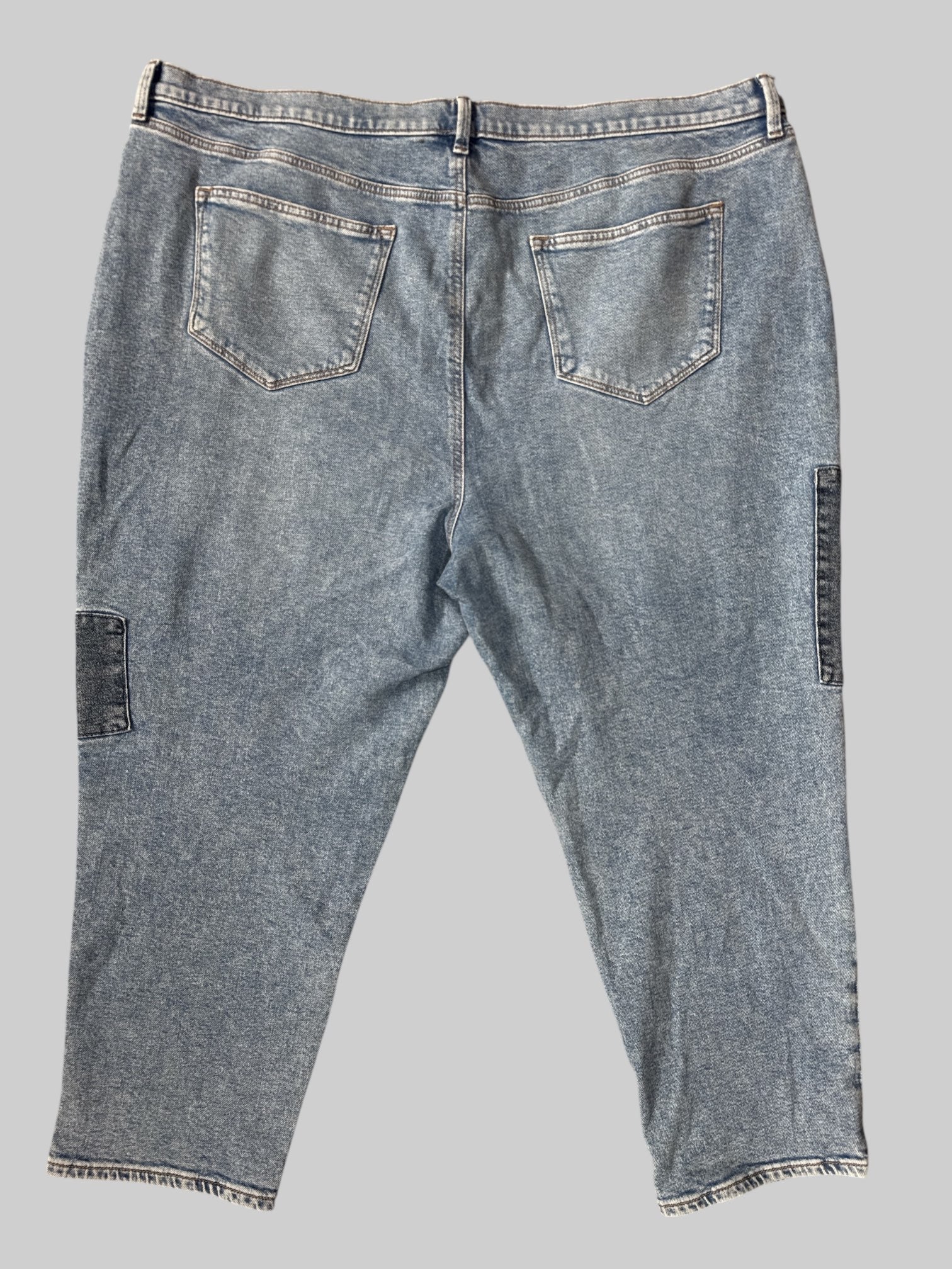2X Denim jeans with pockets, belts, and patchwork design