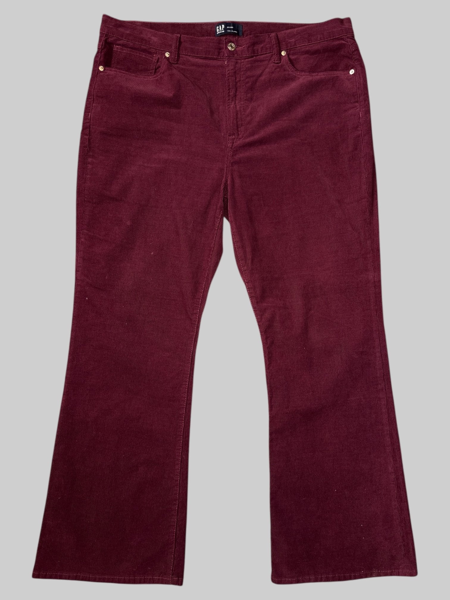 1X Maroon corduroy pants with belt, loops, pockets, and flared legs