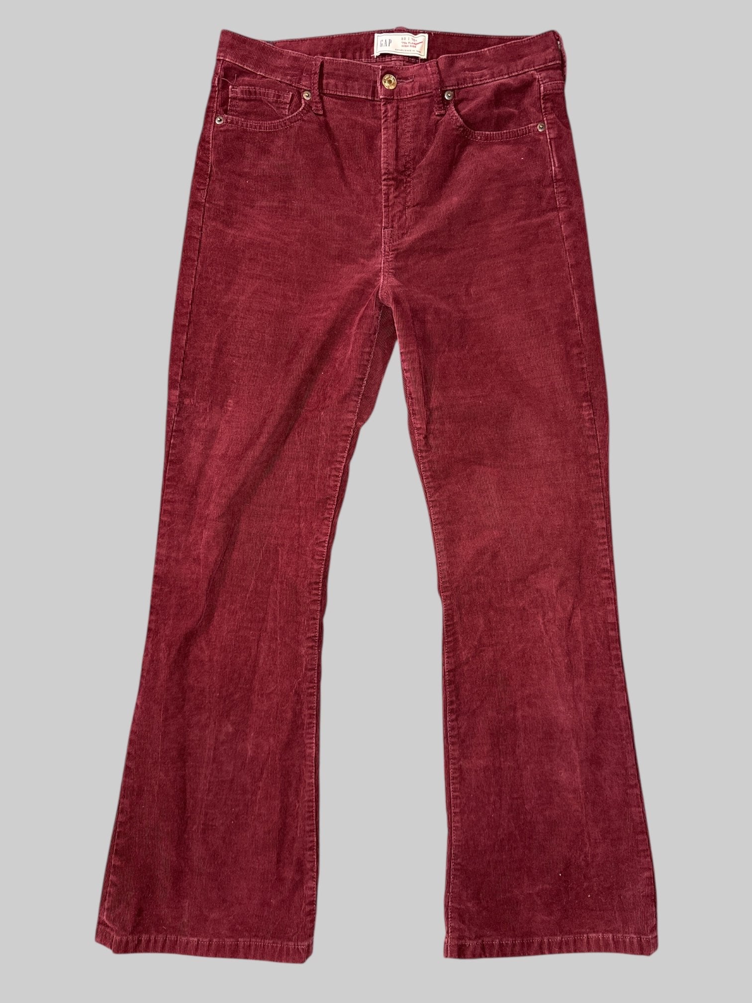 L Burgundy pants with loops, pockets, and flared legs