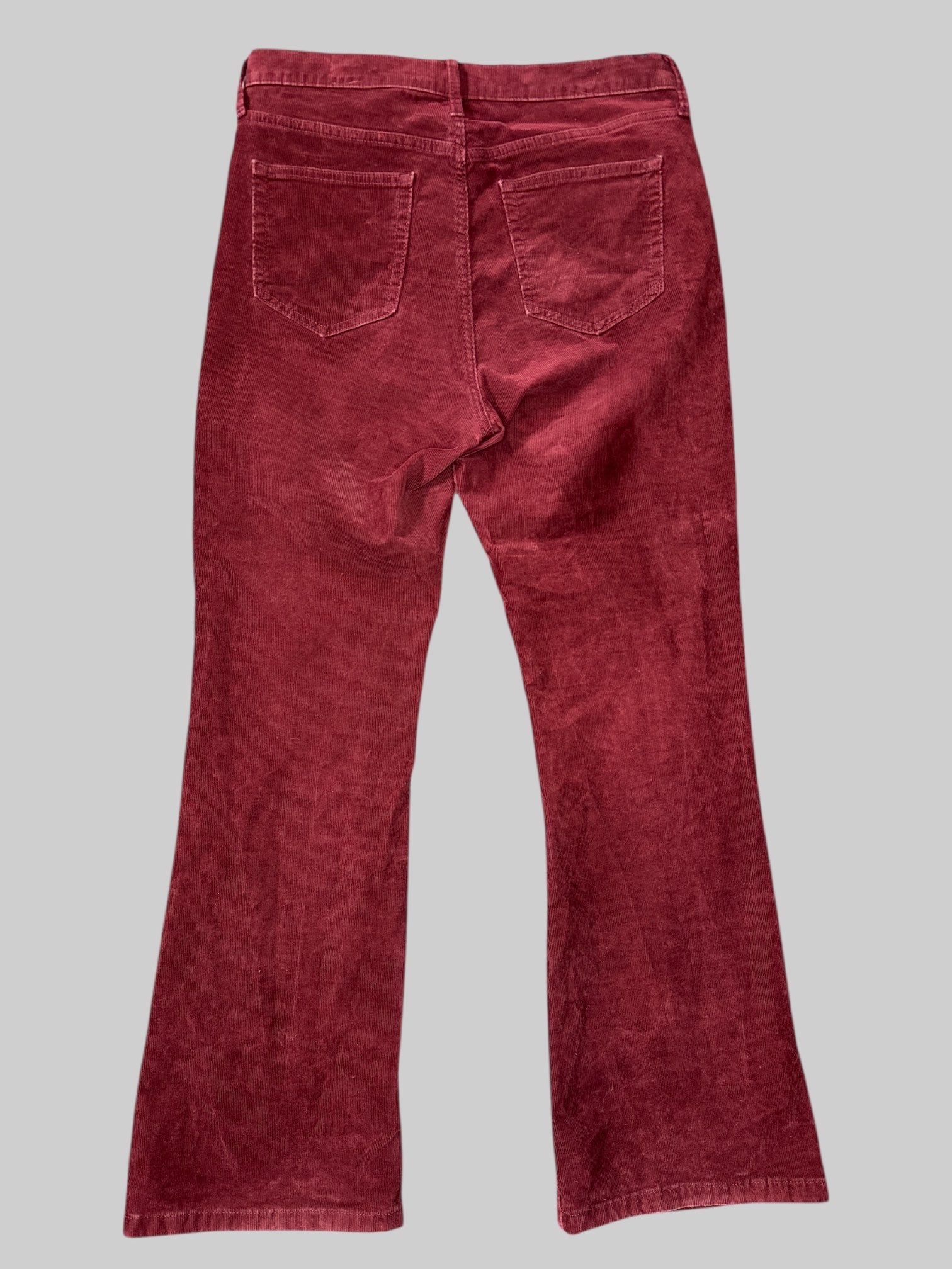 L Burgundy pants with loops, pockets, and flared legs