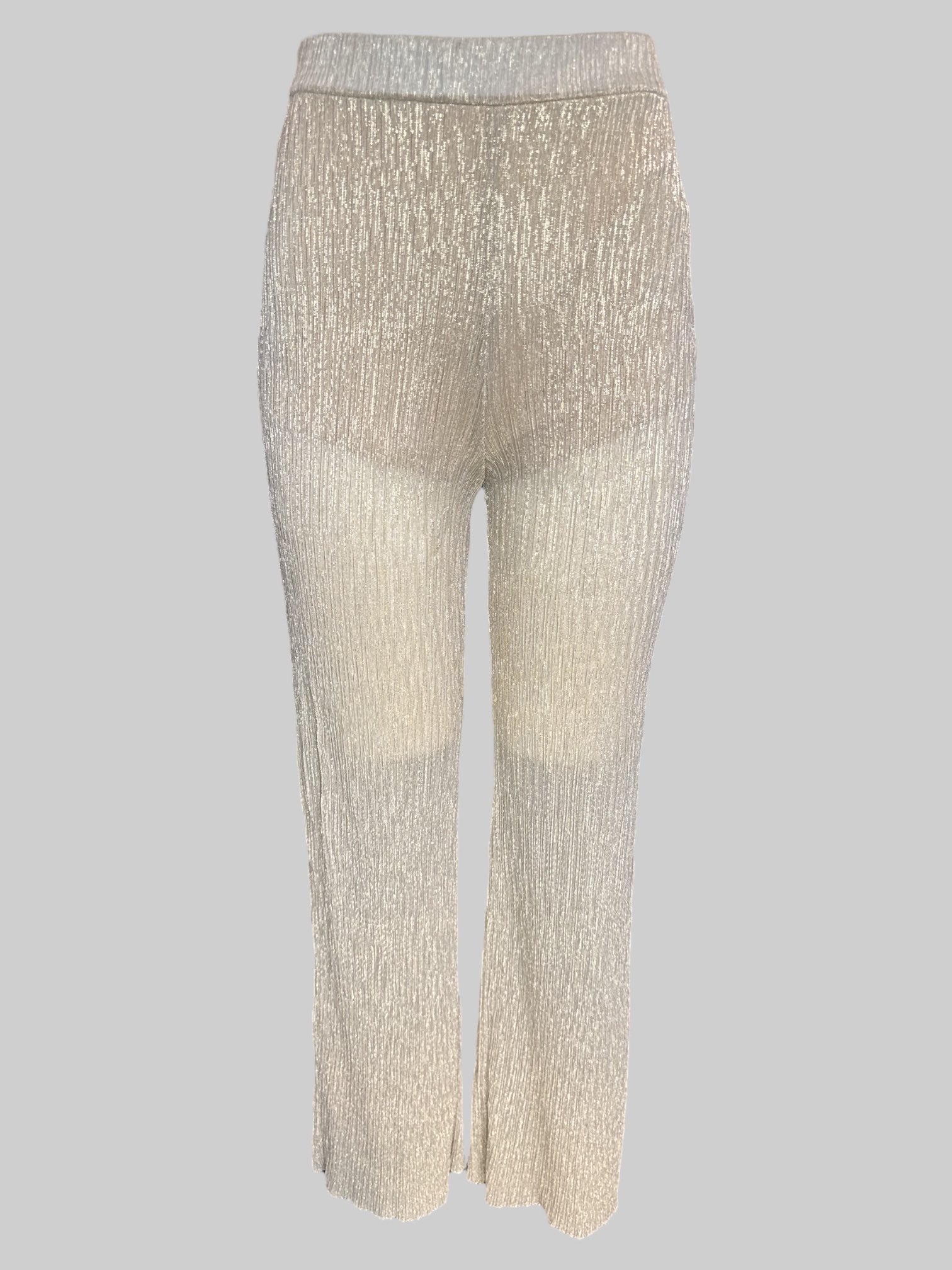 S Tan sheer stretchy pants with gold threading throughout and pleaded design
