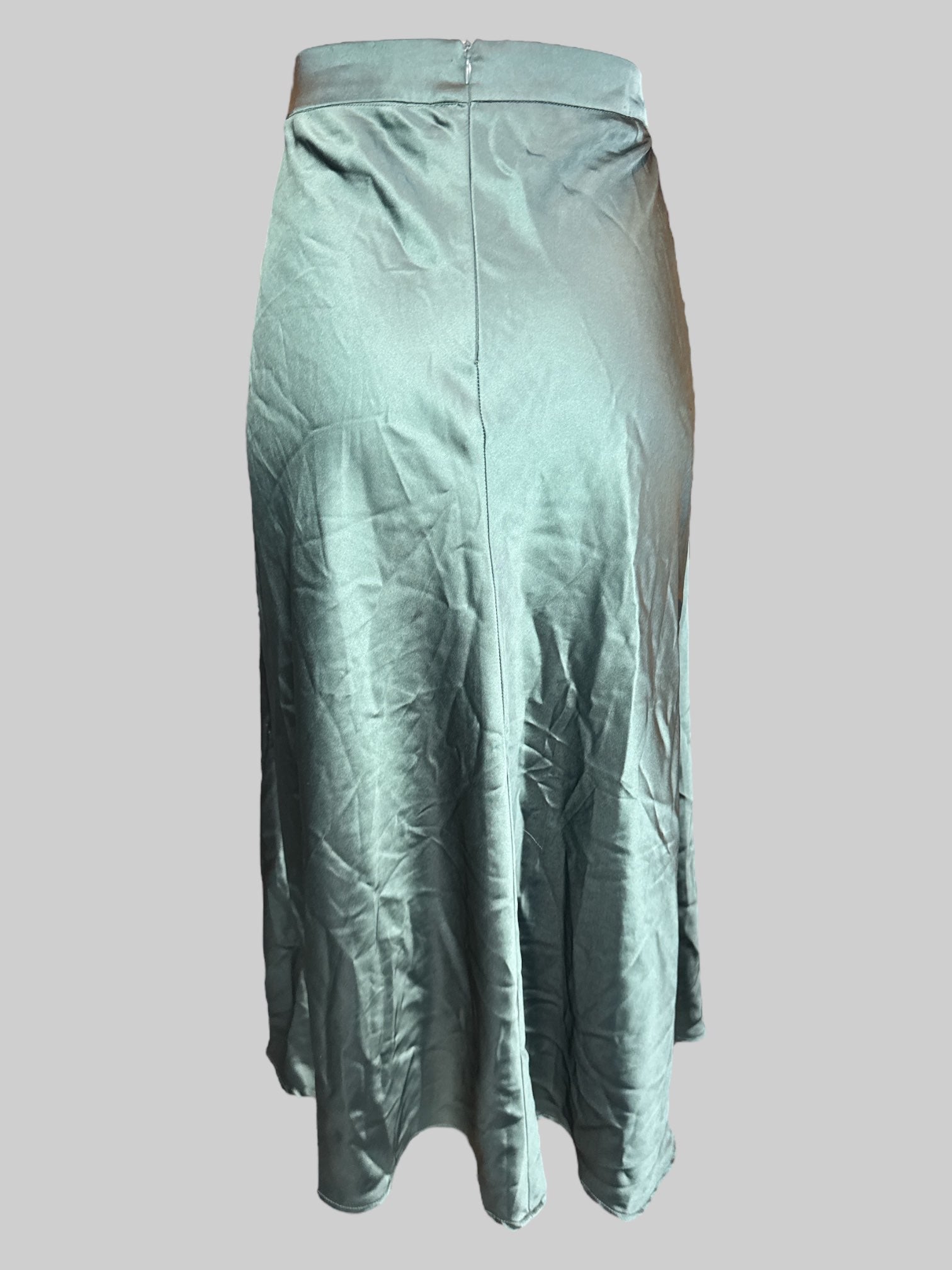 M Dark green satin like long skirt with zipper on back