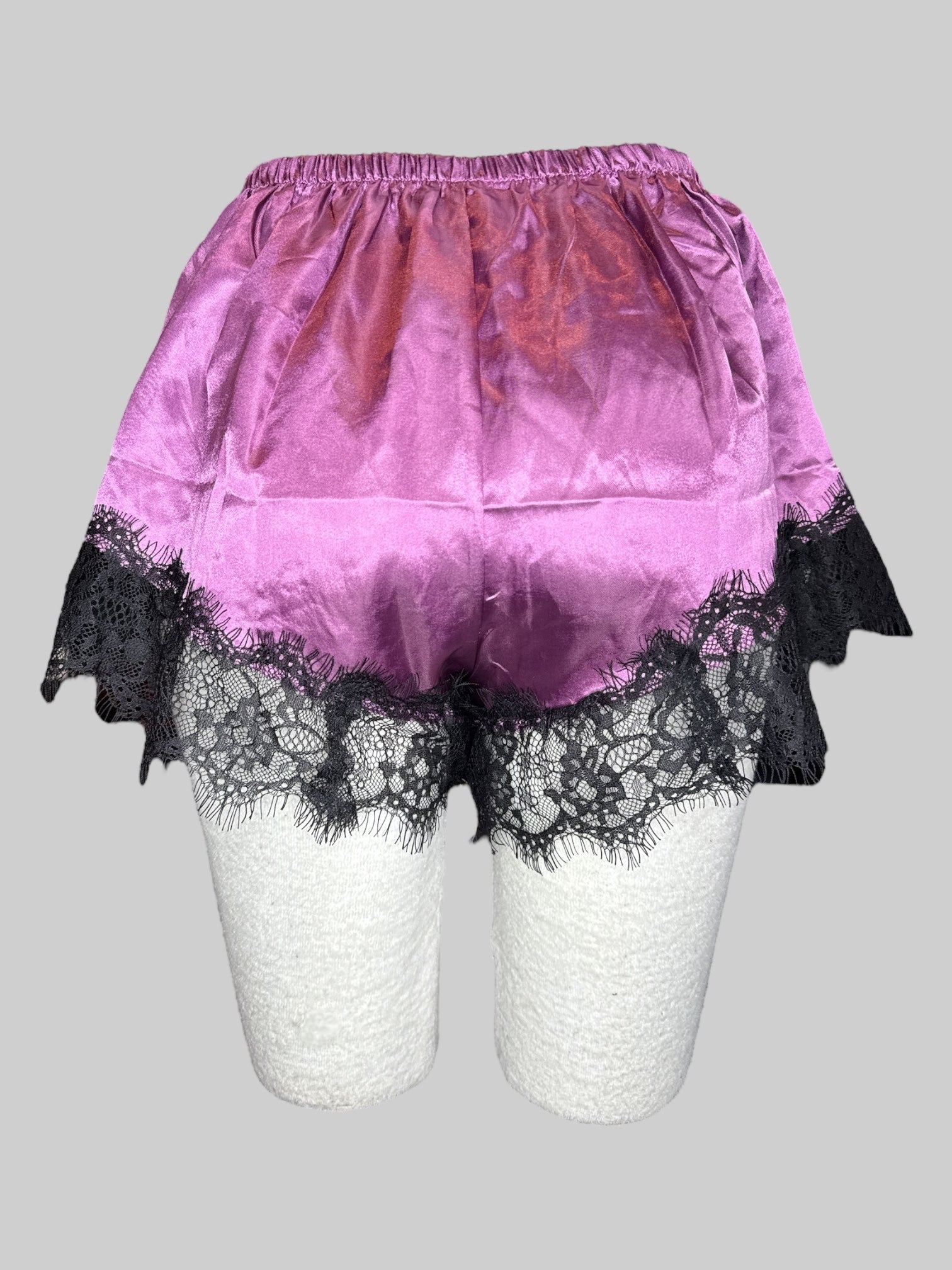 L Purple satin-like shorts with black lace and bow