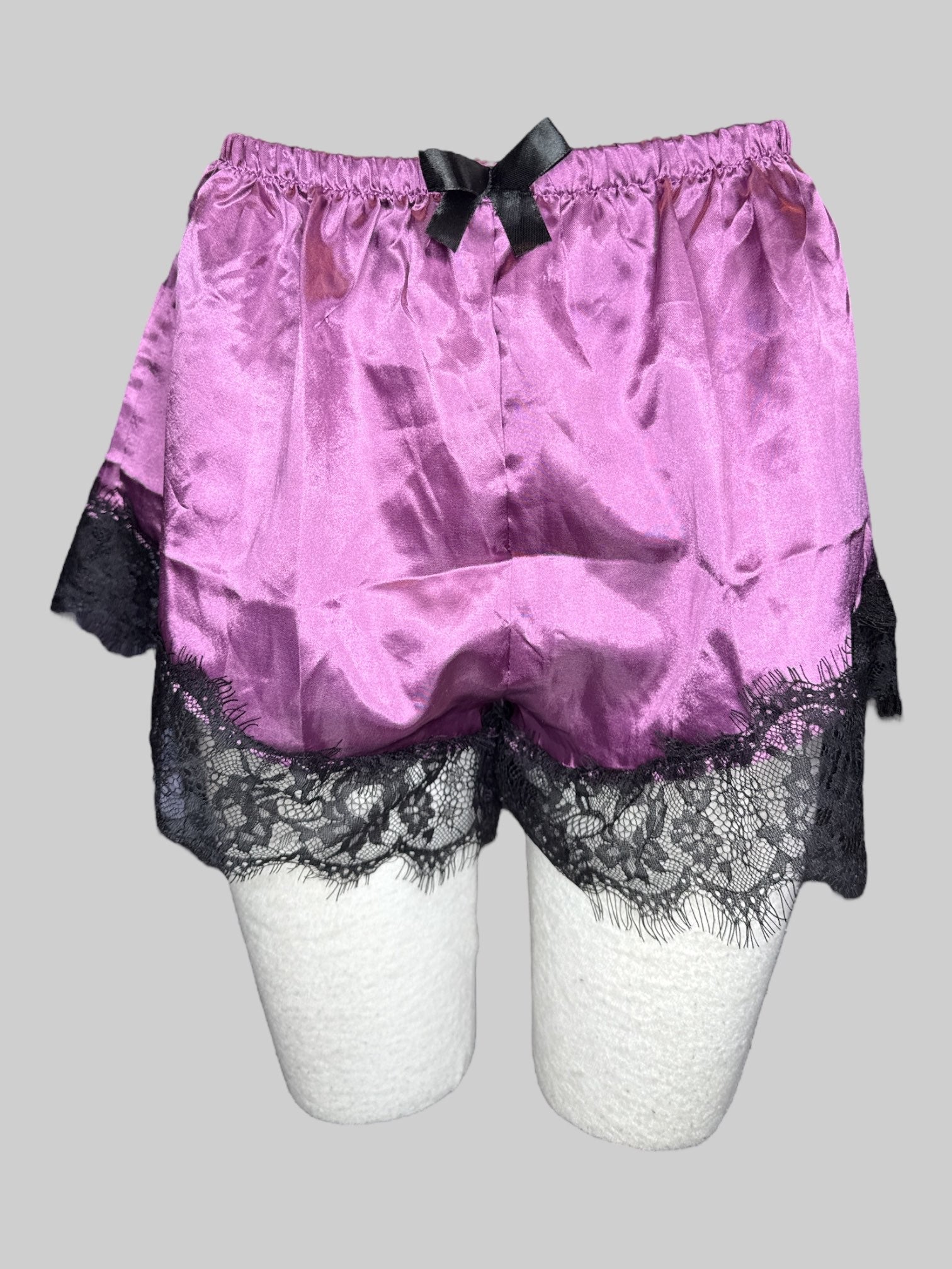 L Purple satin-like shorts with black lace and bow
