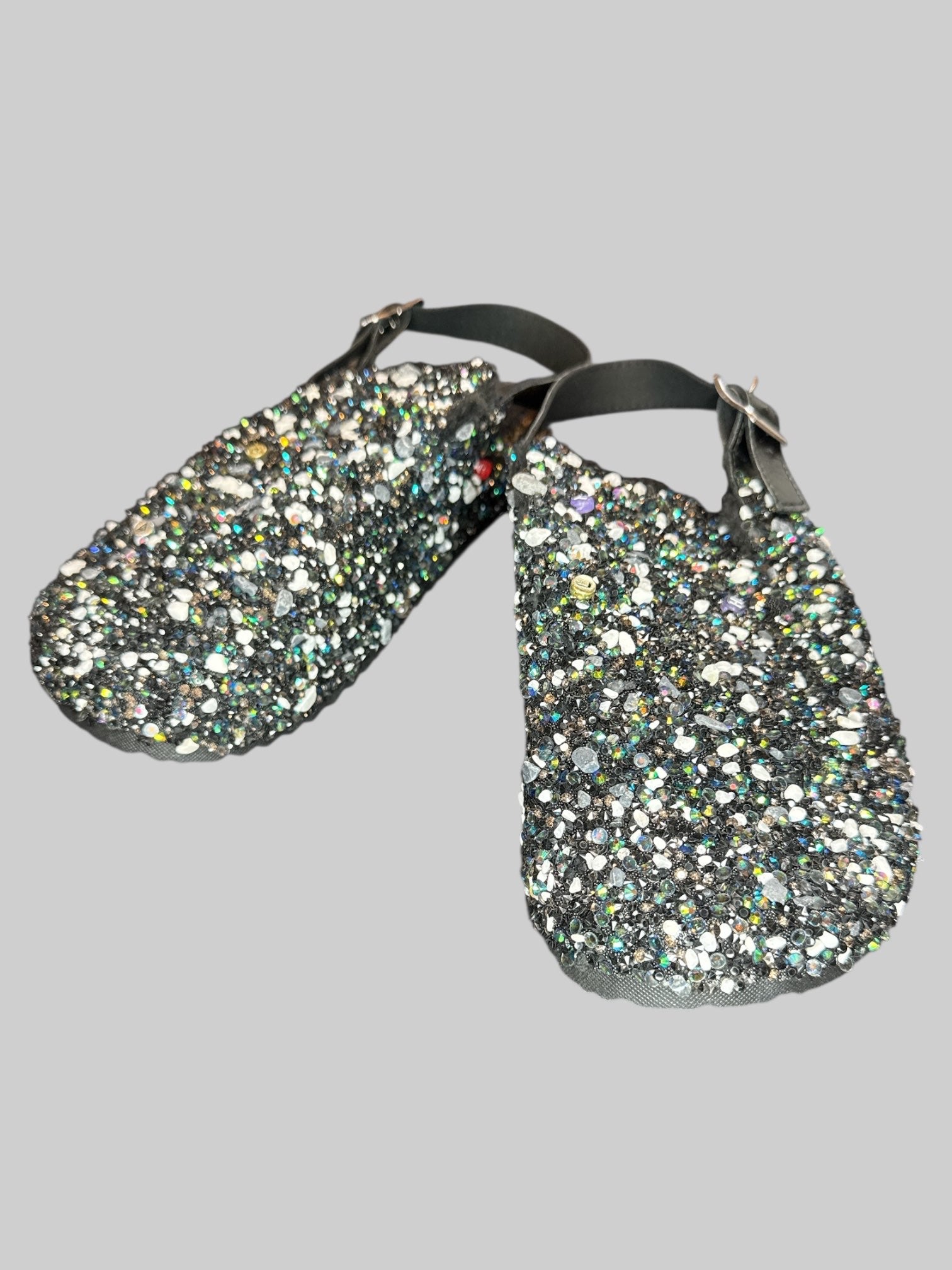 Size 44EU black slippers with bedazzling and rocks, and fuzzy inside