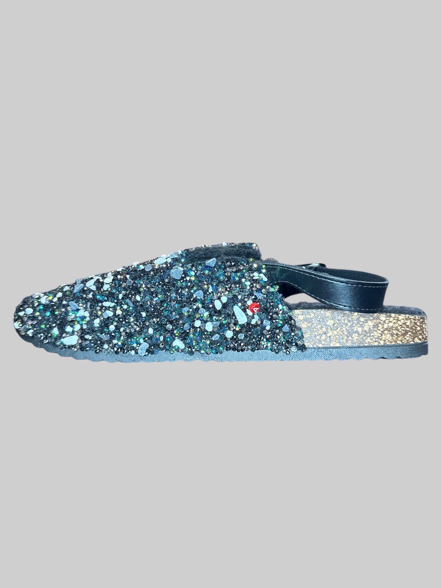 Size 44EU black slippers with bedazzling and rocks, and fuzzy inside