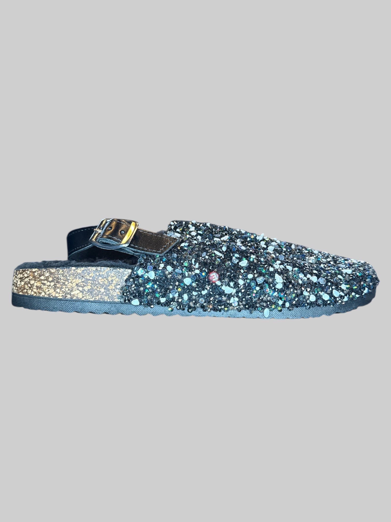 Size 44EU black slippers with bedazzling and rocks, and fuzzy inside