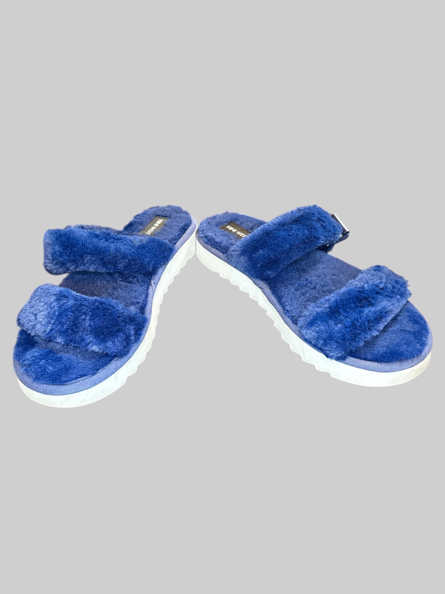Size 9 Navy blue fluffy slippers with buckle