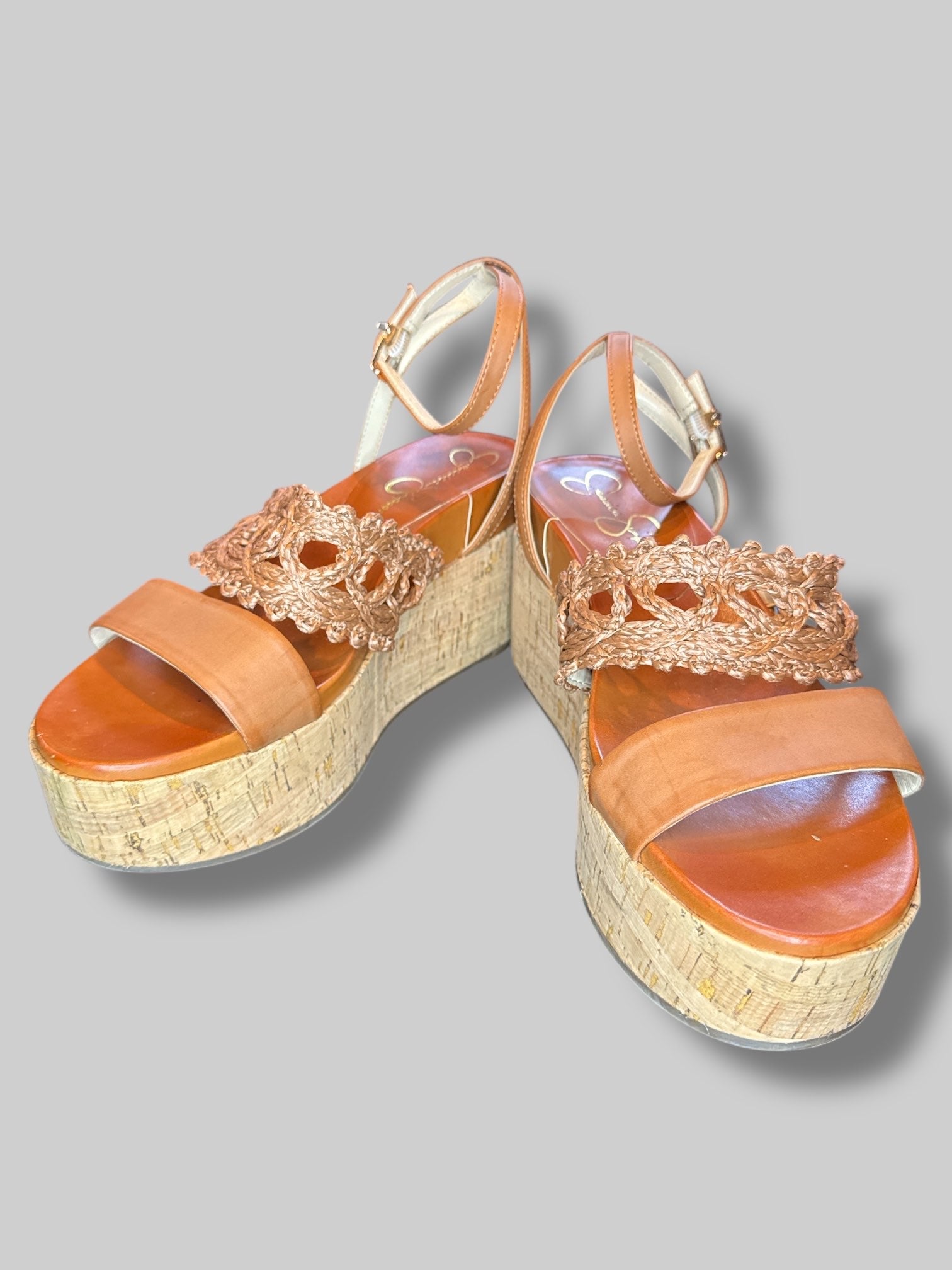 Size 9 Platform wedge shoes with ankle straps and straw braided band