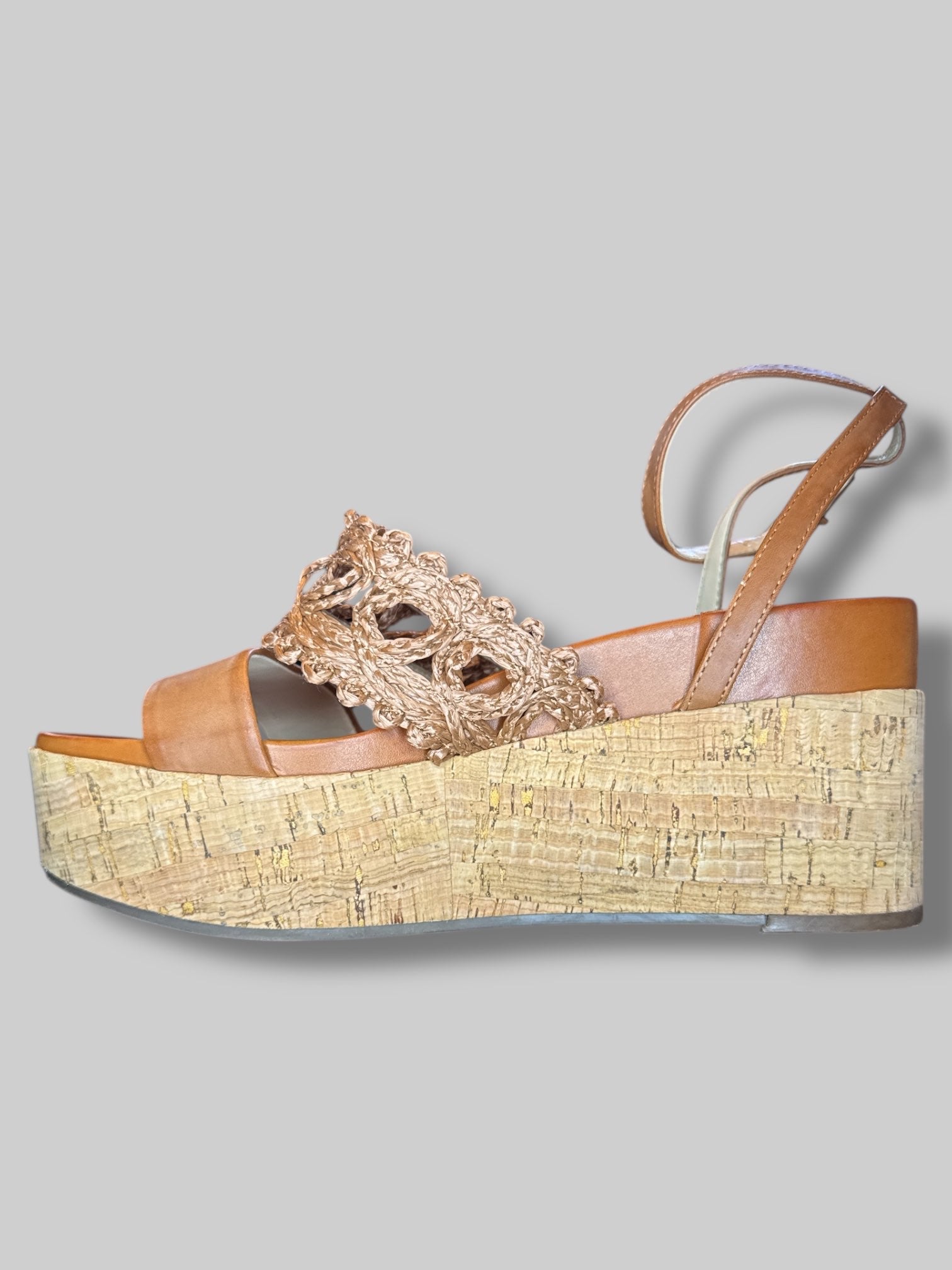 Size 9 Platform wedge shoes with ankle straps and straw braided band