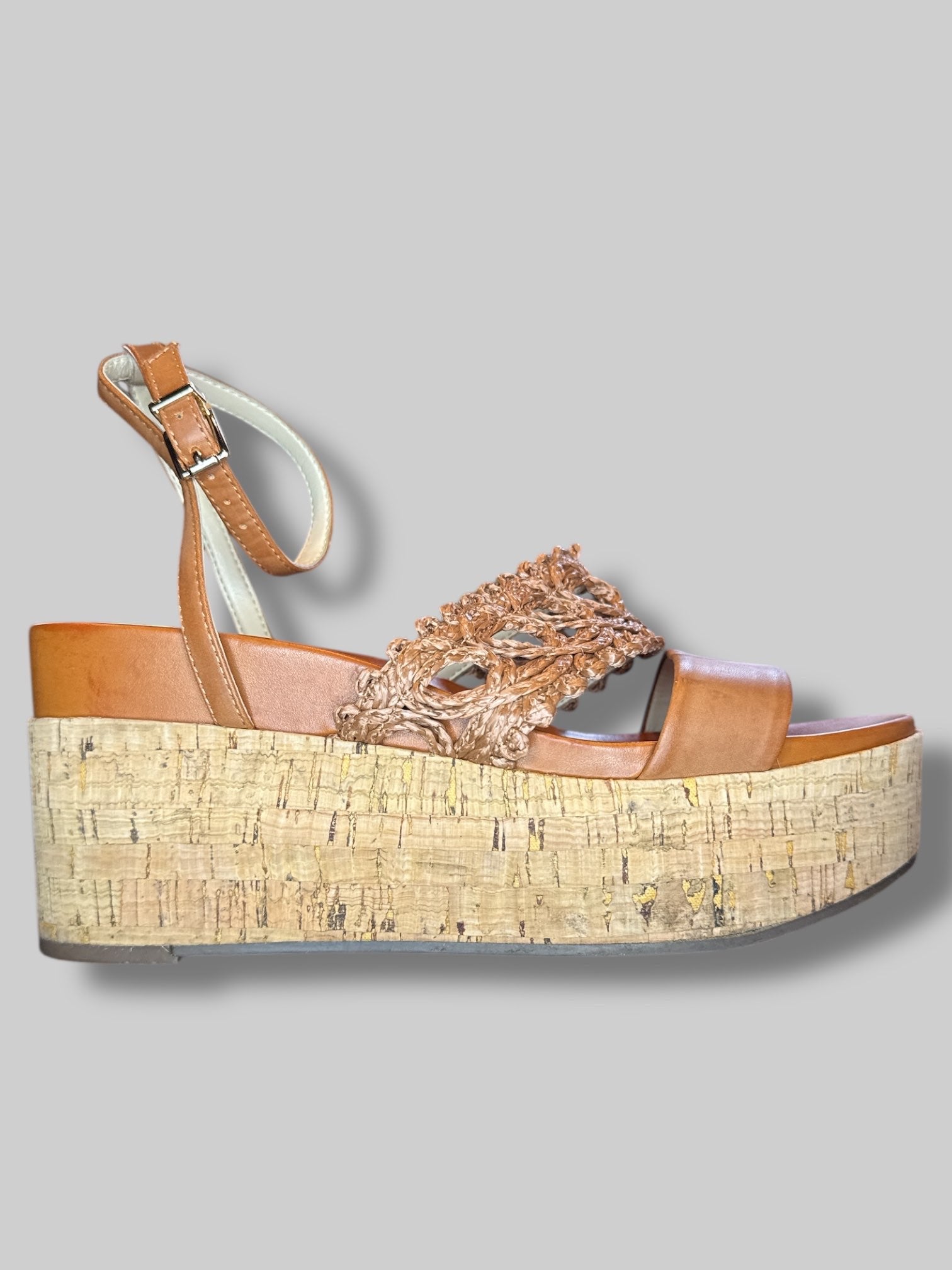 Size 9 Platform wedge shoes with ankle straps and straw braided band