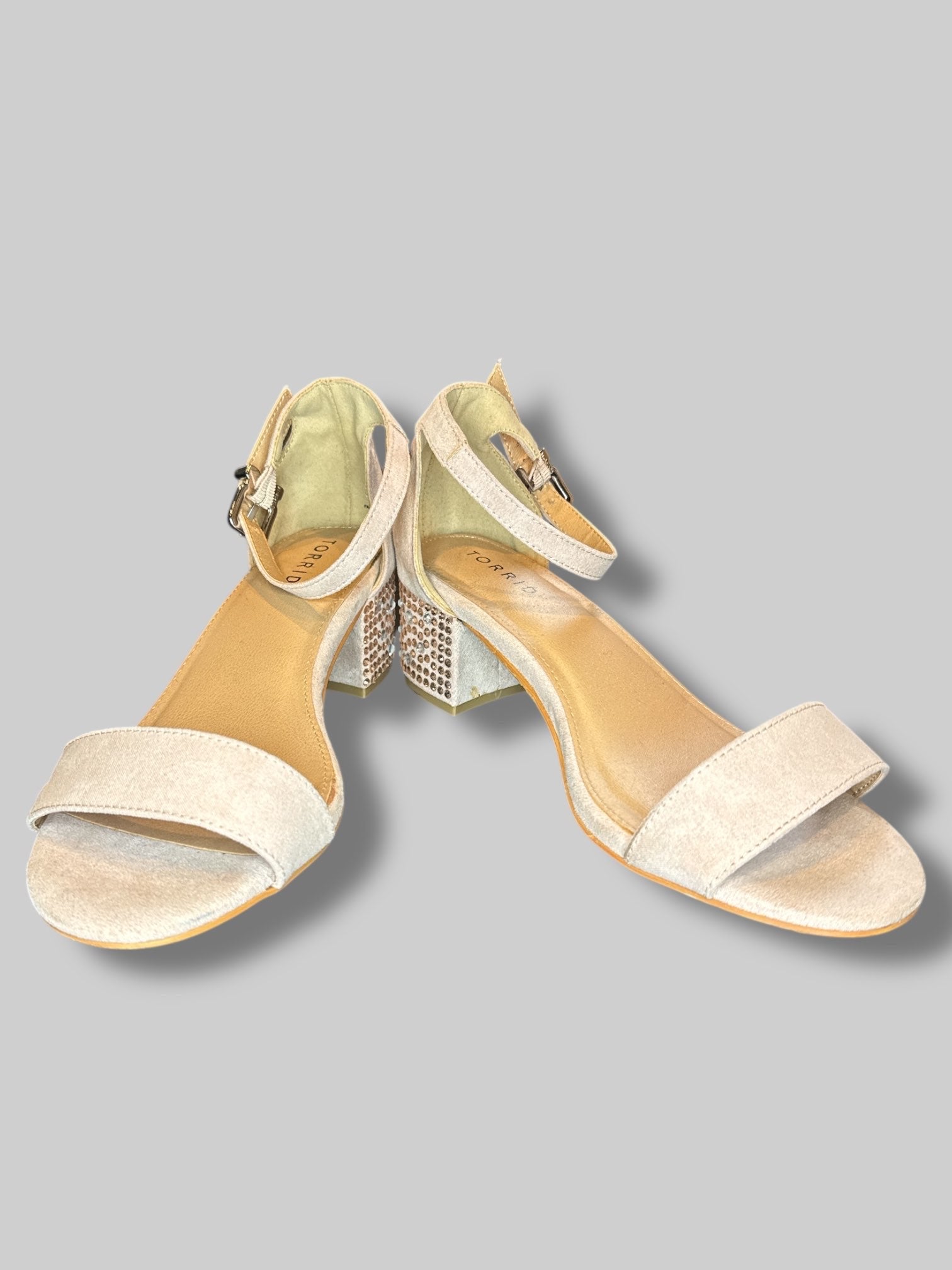 Size 8 Dusty pink heels with bedazzled heel, and ankle strap