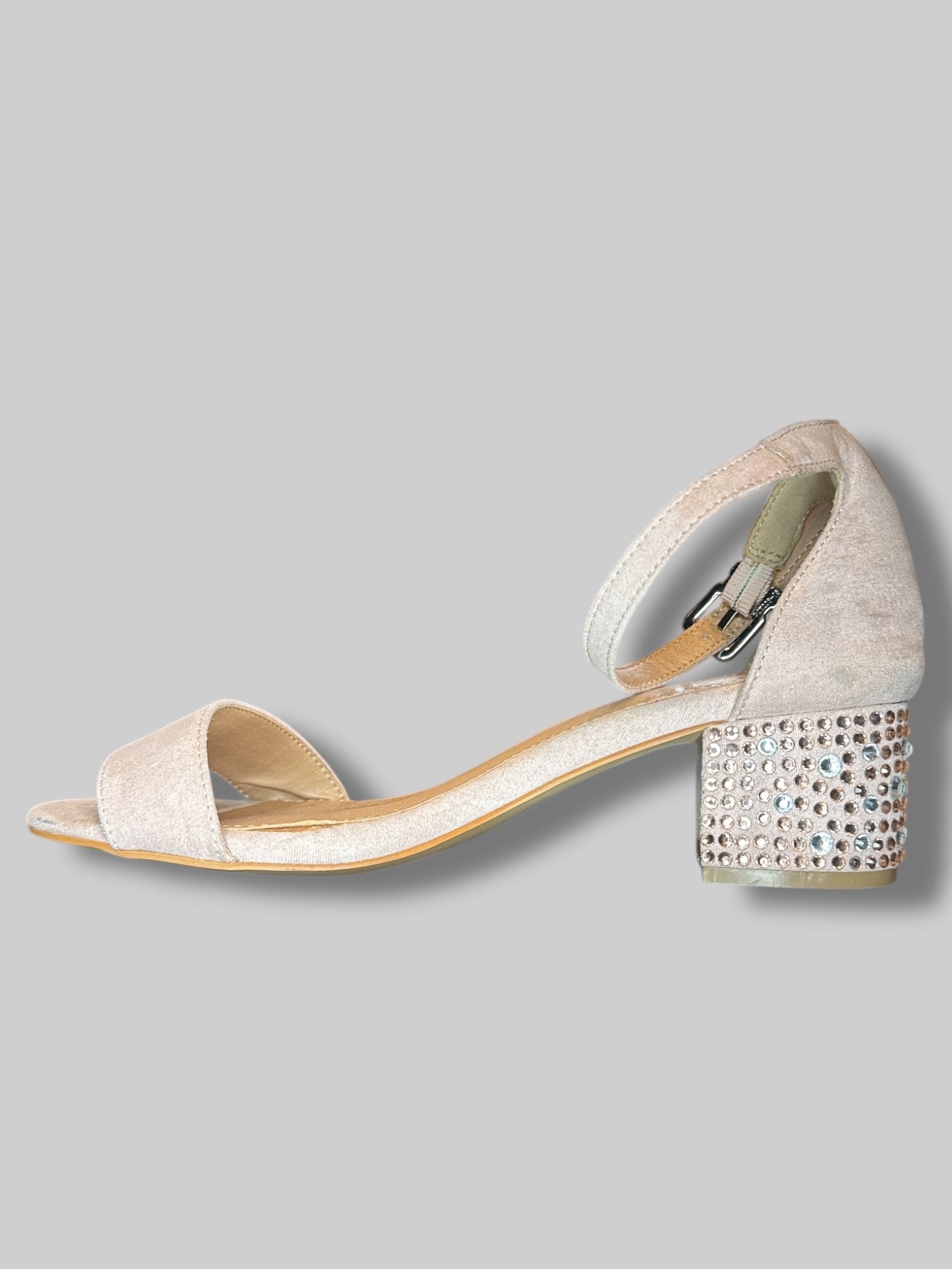 Size 8 Dusty pink heels with bedazzled heel, and ankle strap