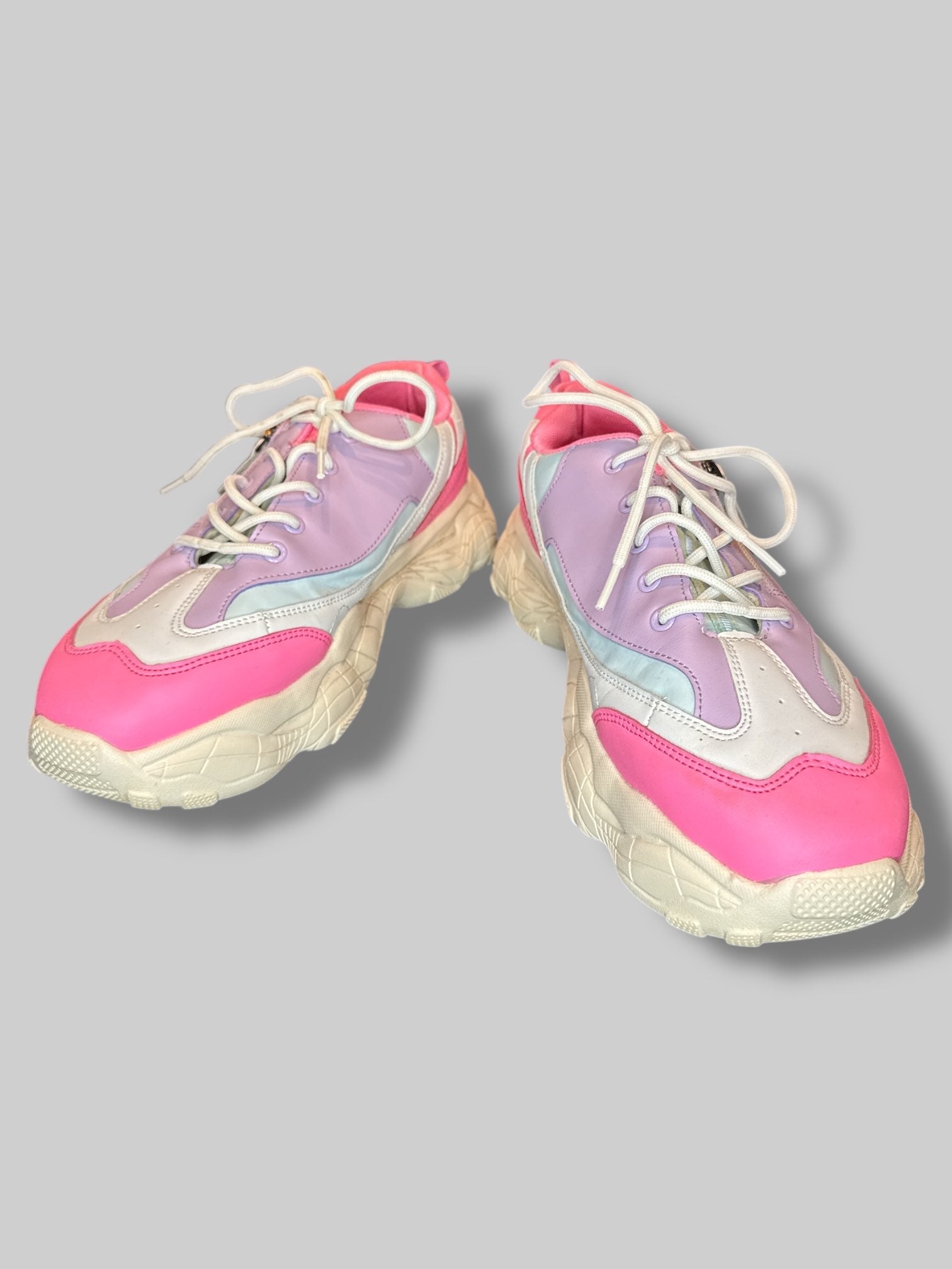 Size 11 White platform sneakers with pink purple and blue pastel details, and decorative zipper