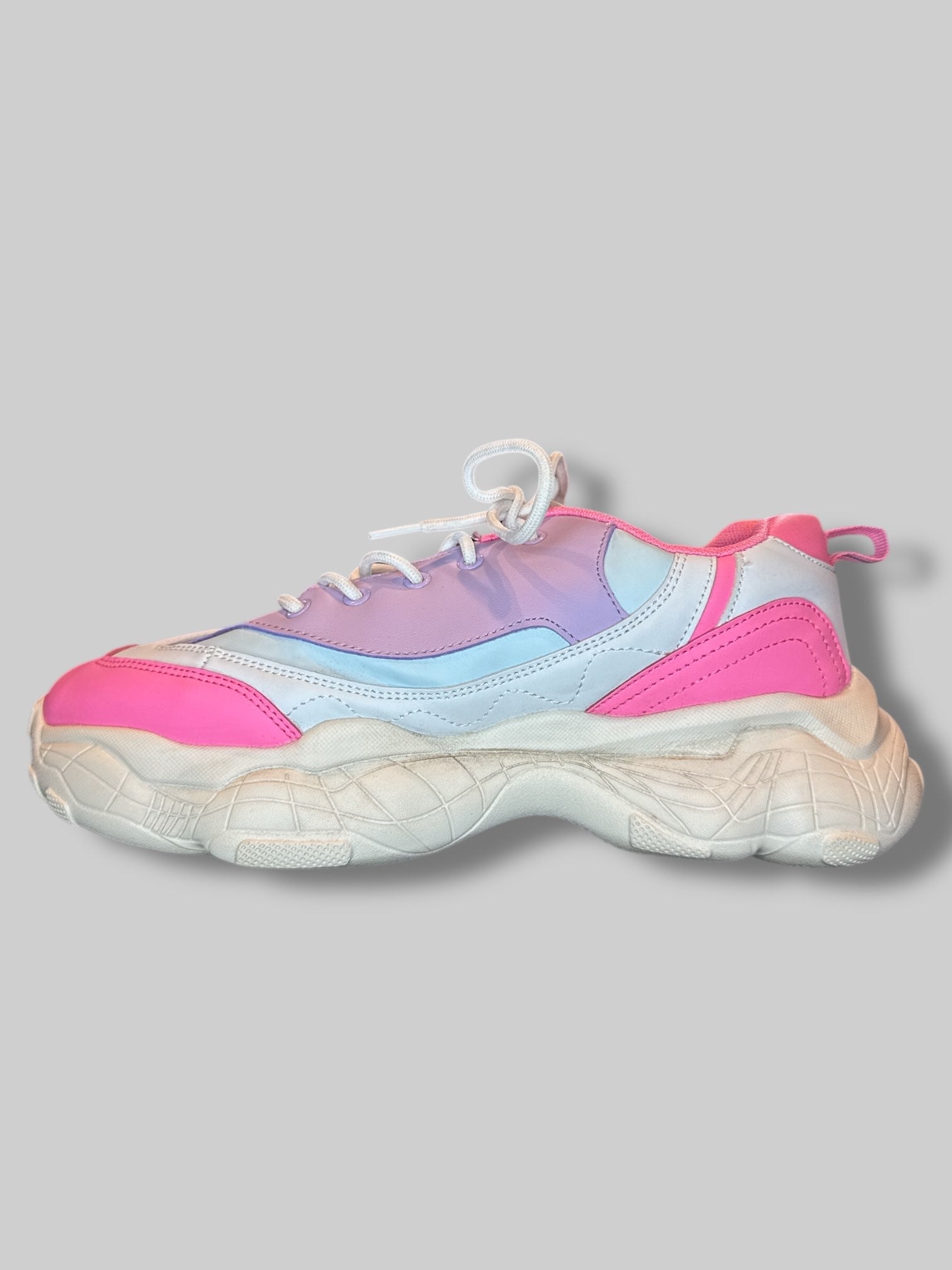 Size 11 White platform sneakers with pink purple and blue pastel details, and decorative zipper