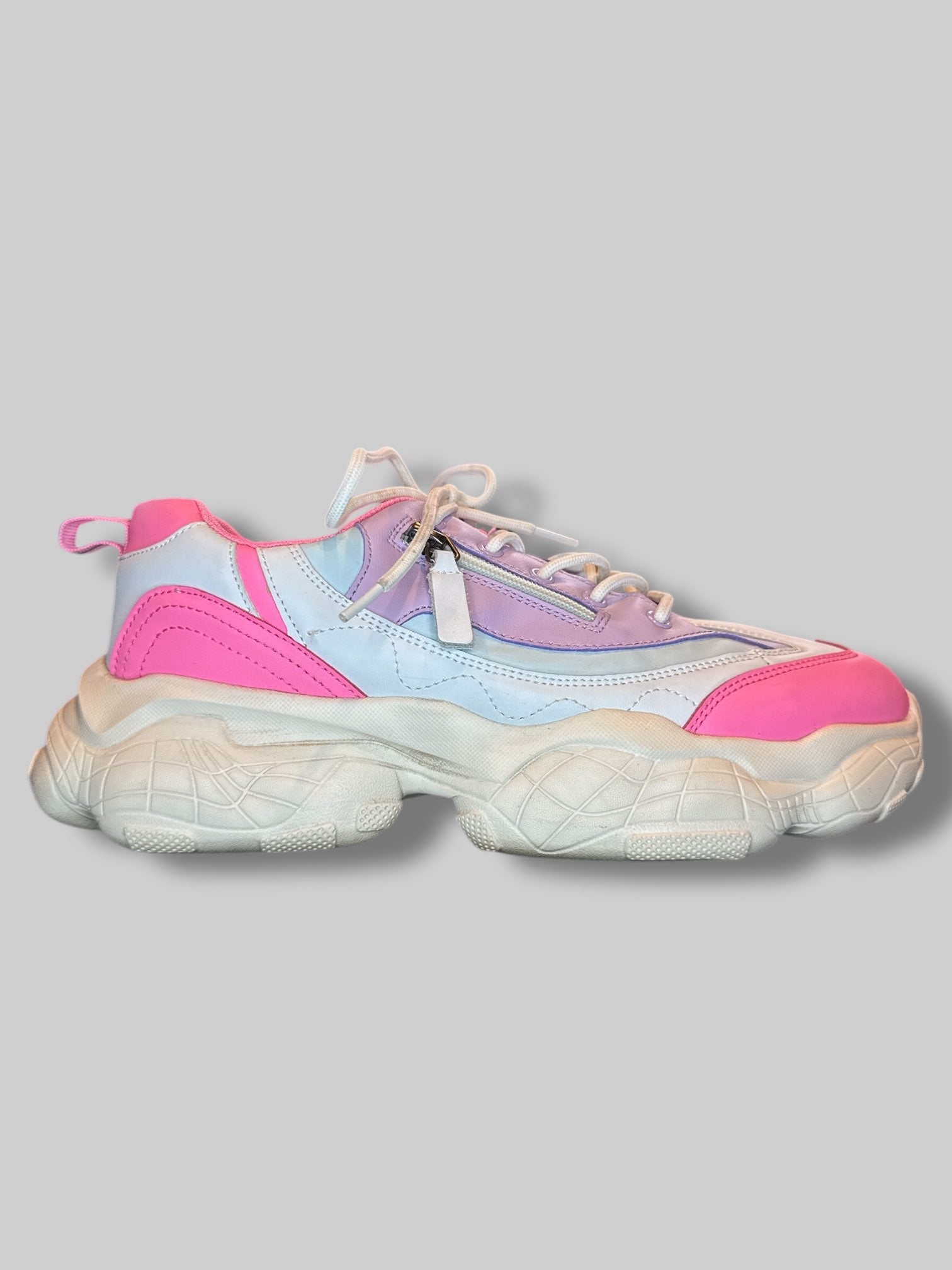 Size 11 White platform sneakers with pink purple and blue pastel details, and decorative zipper