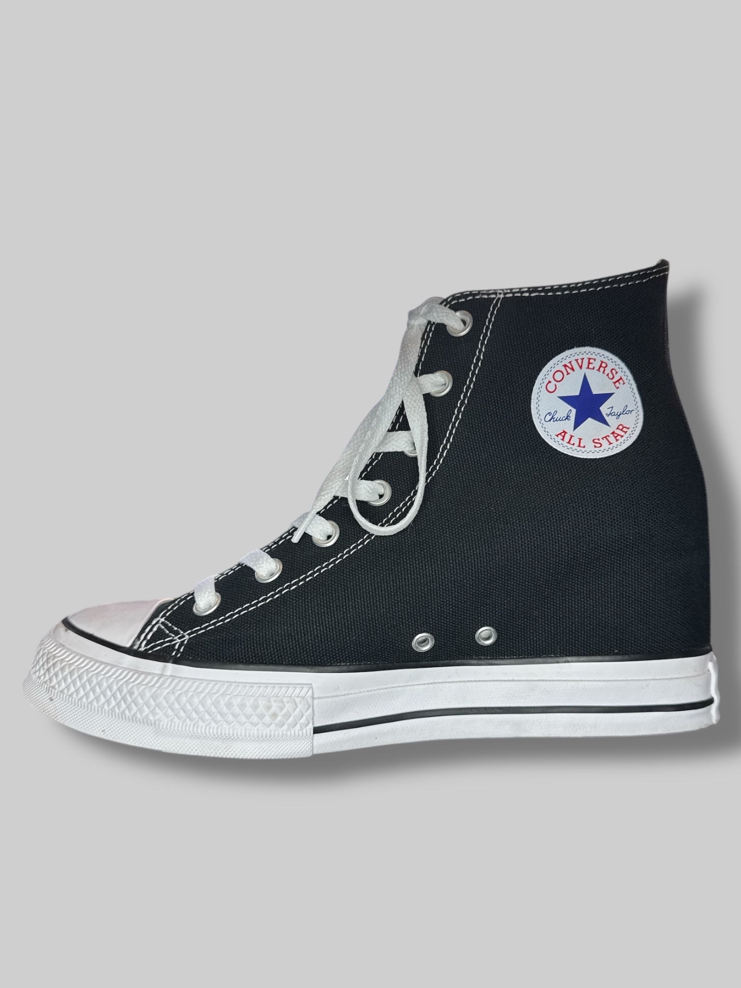 Size 11 Black platform heeled converse sneakers with wedge heel inside
