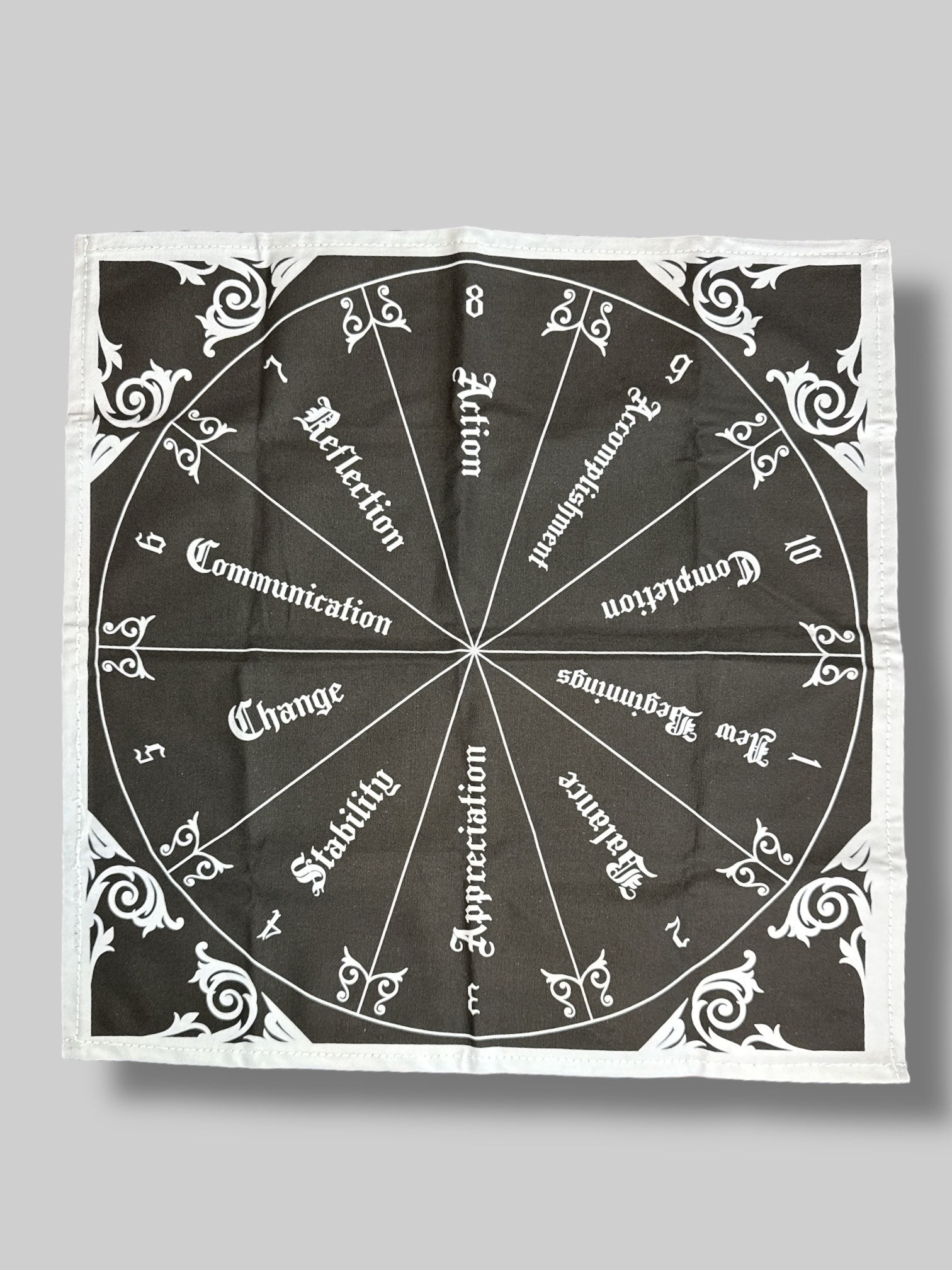 Black and grey alter cloth with 10 step circle, and black metal pendulum