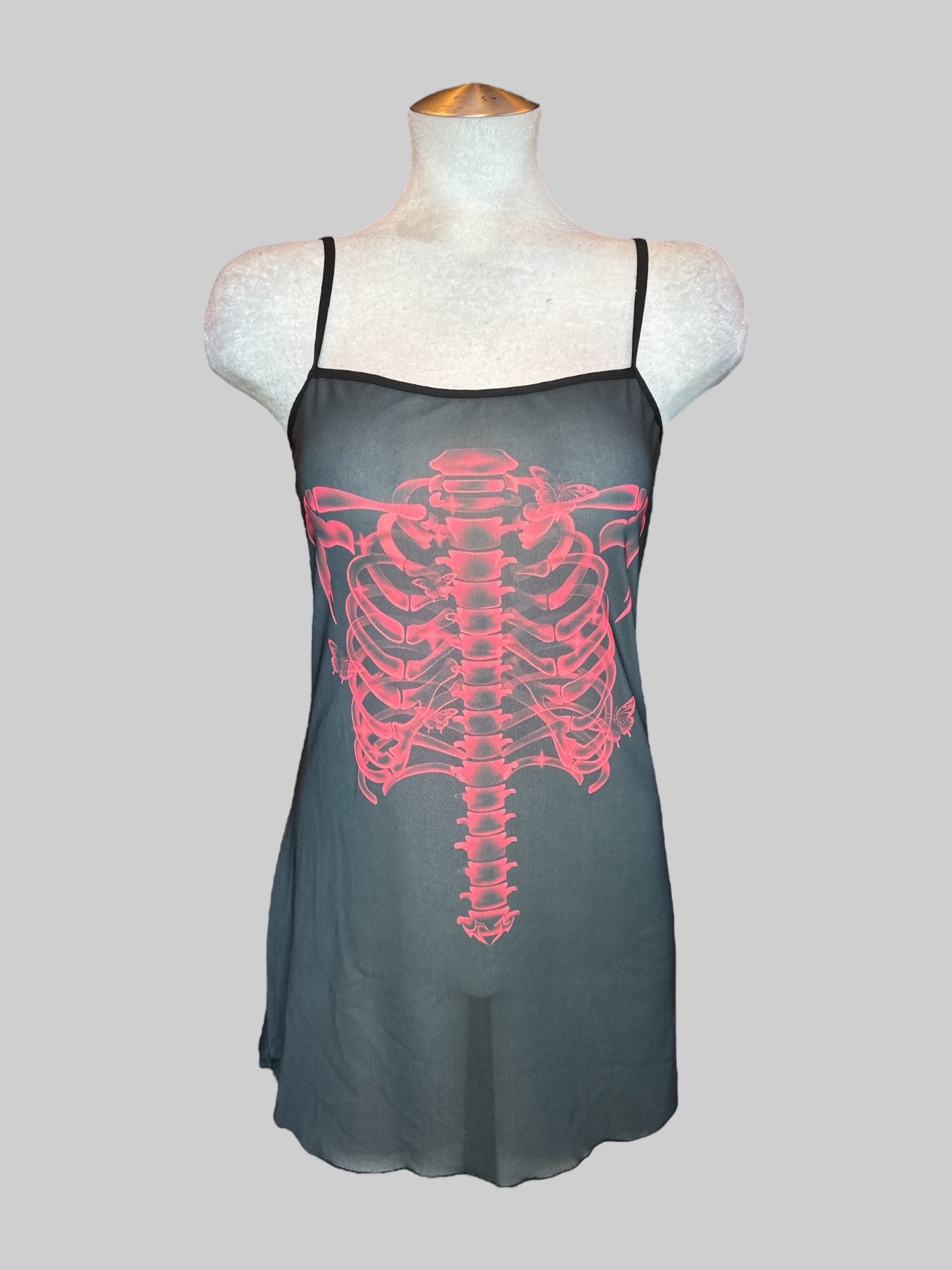 S Black sheer sleeveless dress with pink skeleton and butterflies graphic on front