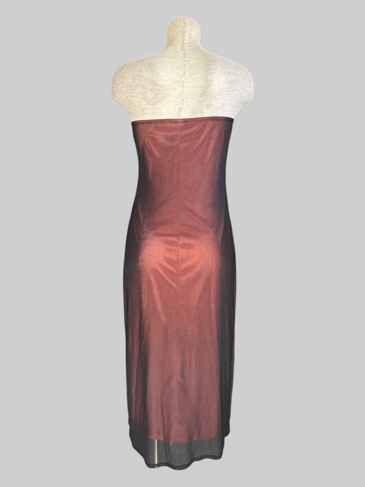 L Pink drop less dress with black mesh overlay