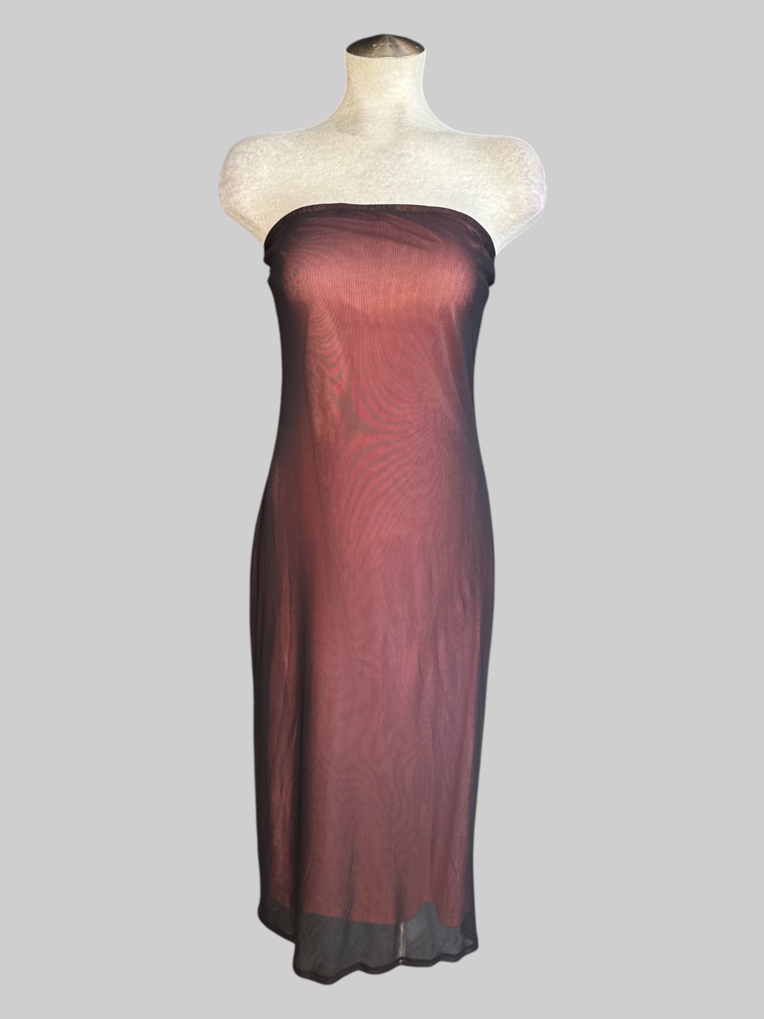 L Pink drop less dress with black mesh overlay