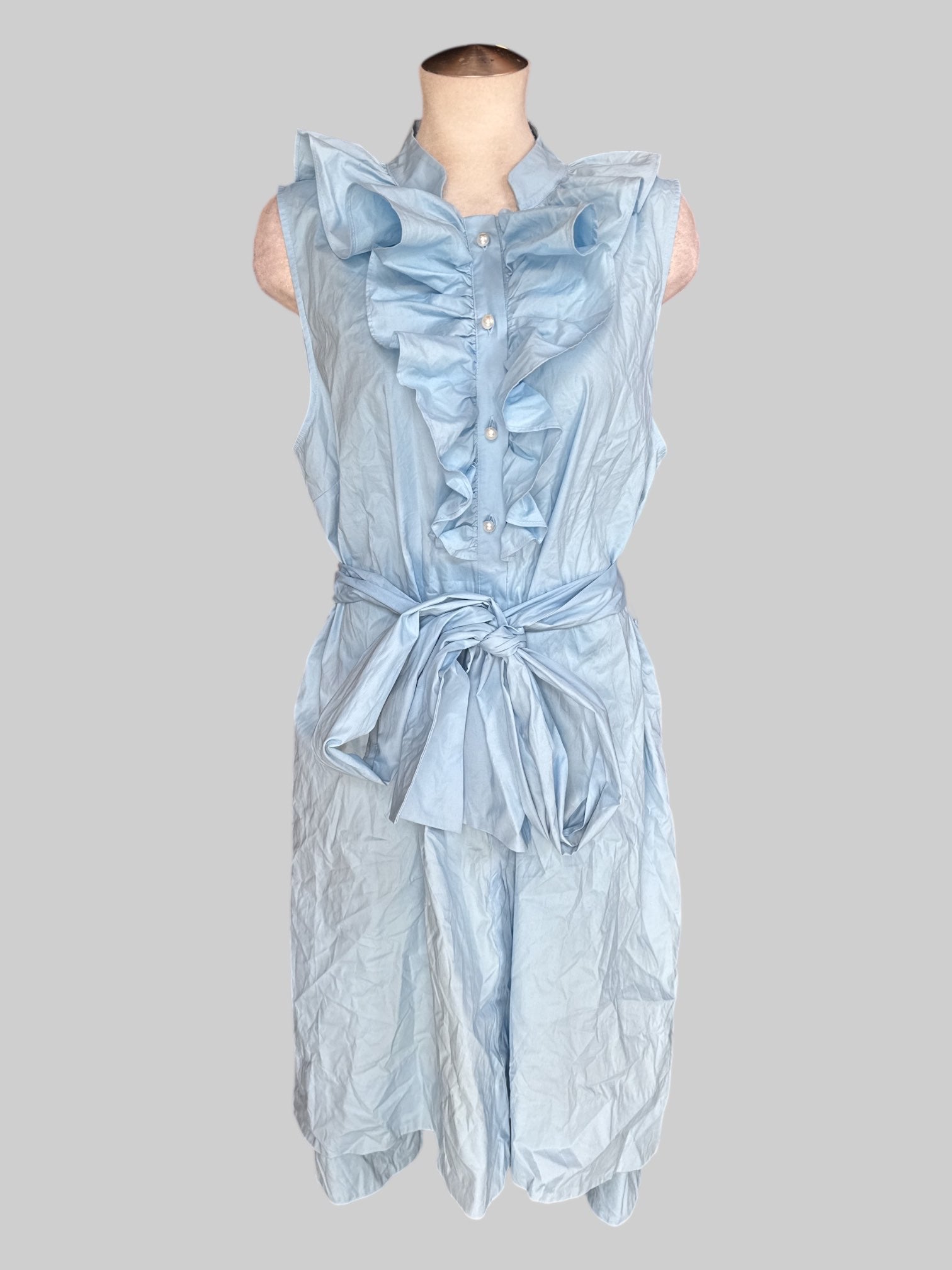 3X Light blue sleeveless button-down dress with ruffle neckline, and tie belt