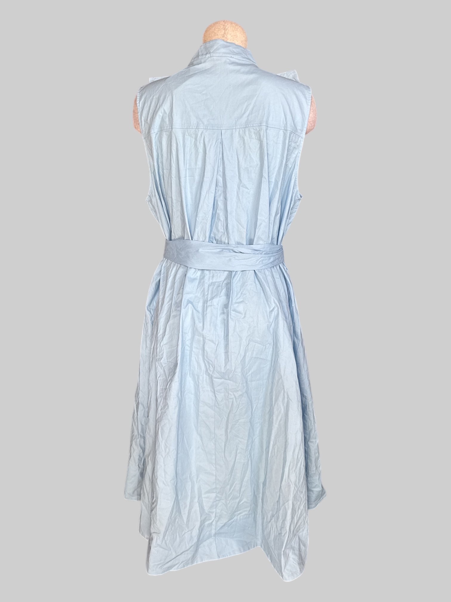 3X Light blue sleeveless button-down dress with ruffle neckline, and tie belt