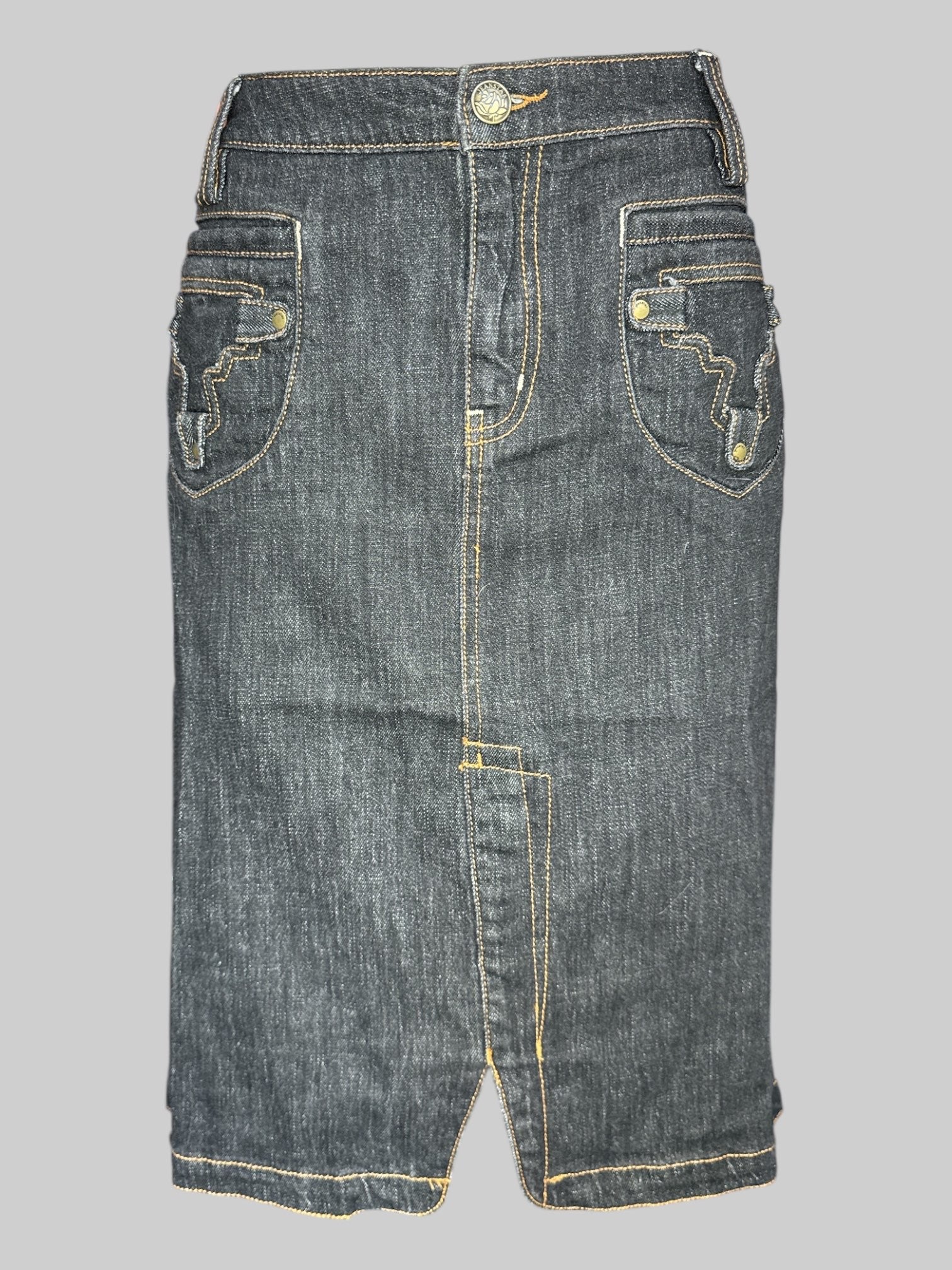 L Vintage black denim skirt with decorative pockets, belt loops, and small slit on front