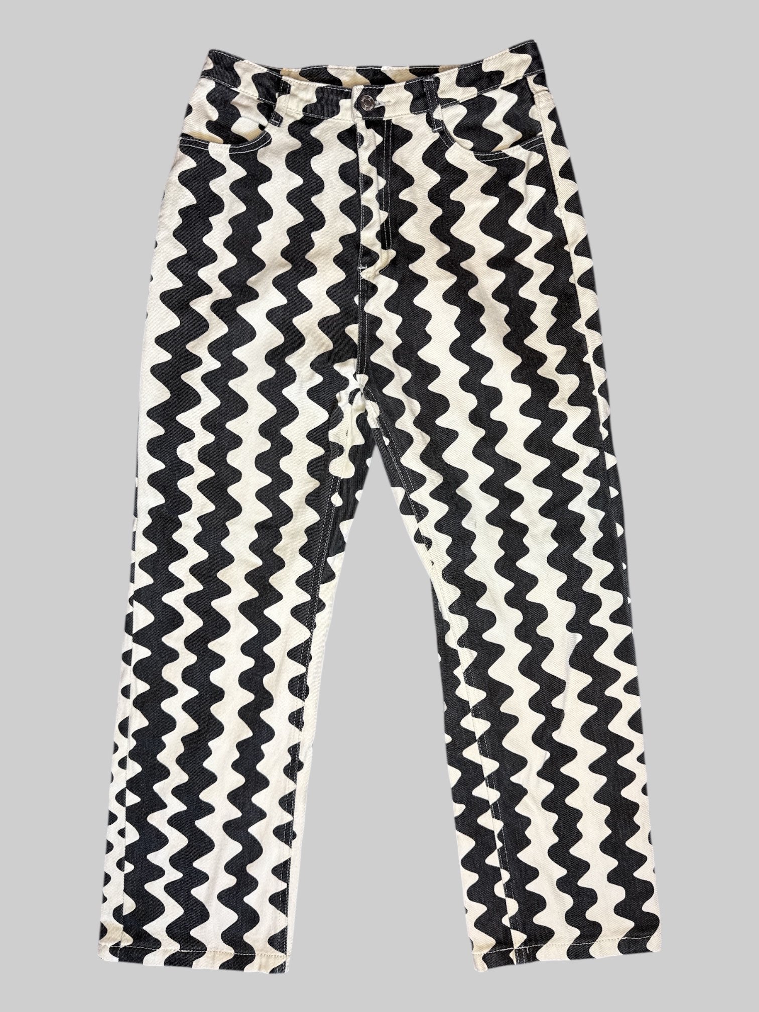 M Black and white wavy line pants with loops and pockets