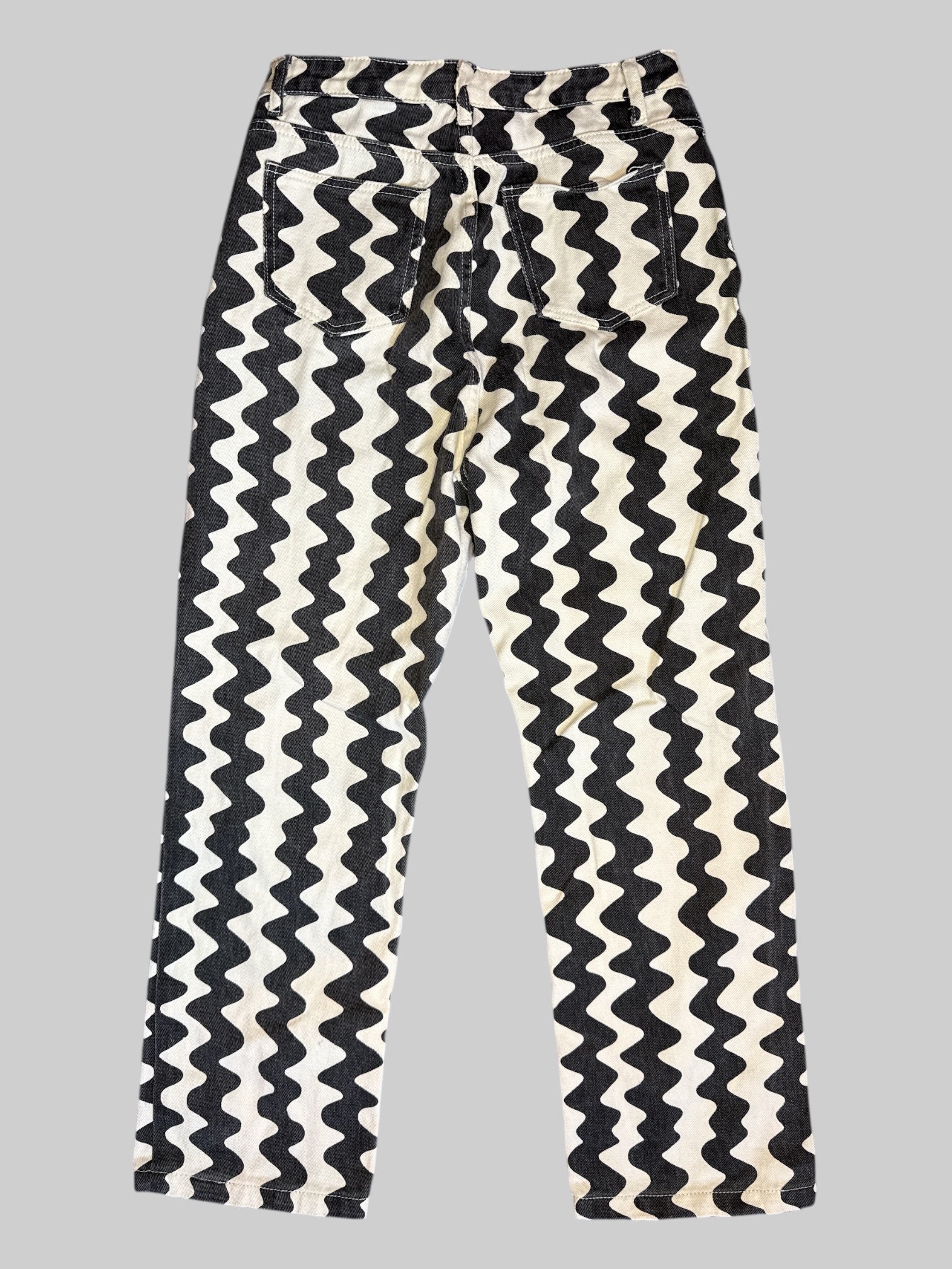 M Black and white wavy line pants with loops and pockets