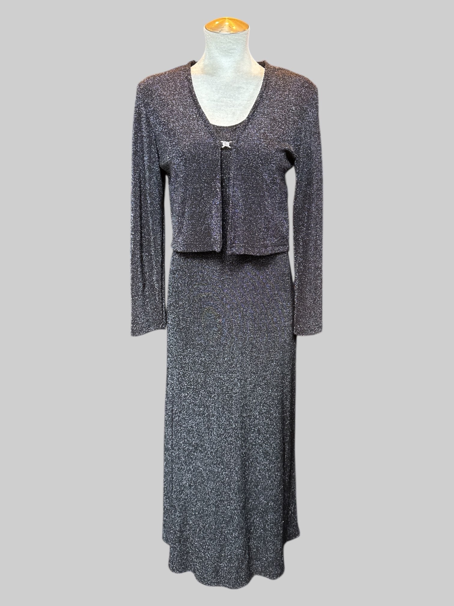 L Vintage two piece black dress with multicolor tinsel and cardigan