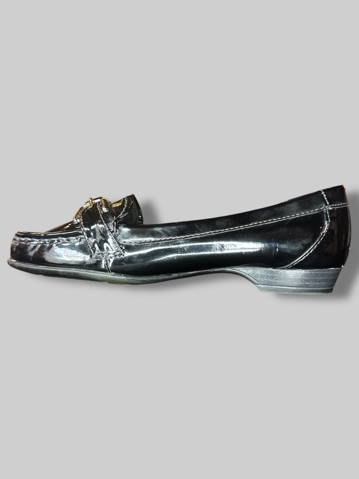 Size 6 1/2M Vintage Black vinyl like flats with decorative buckles on toe