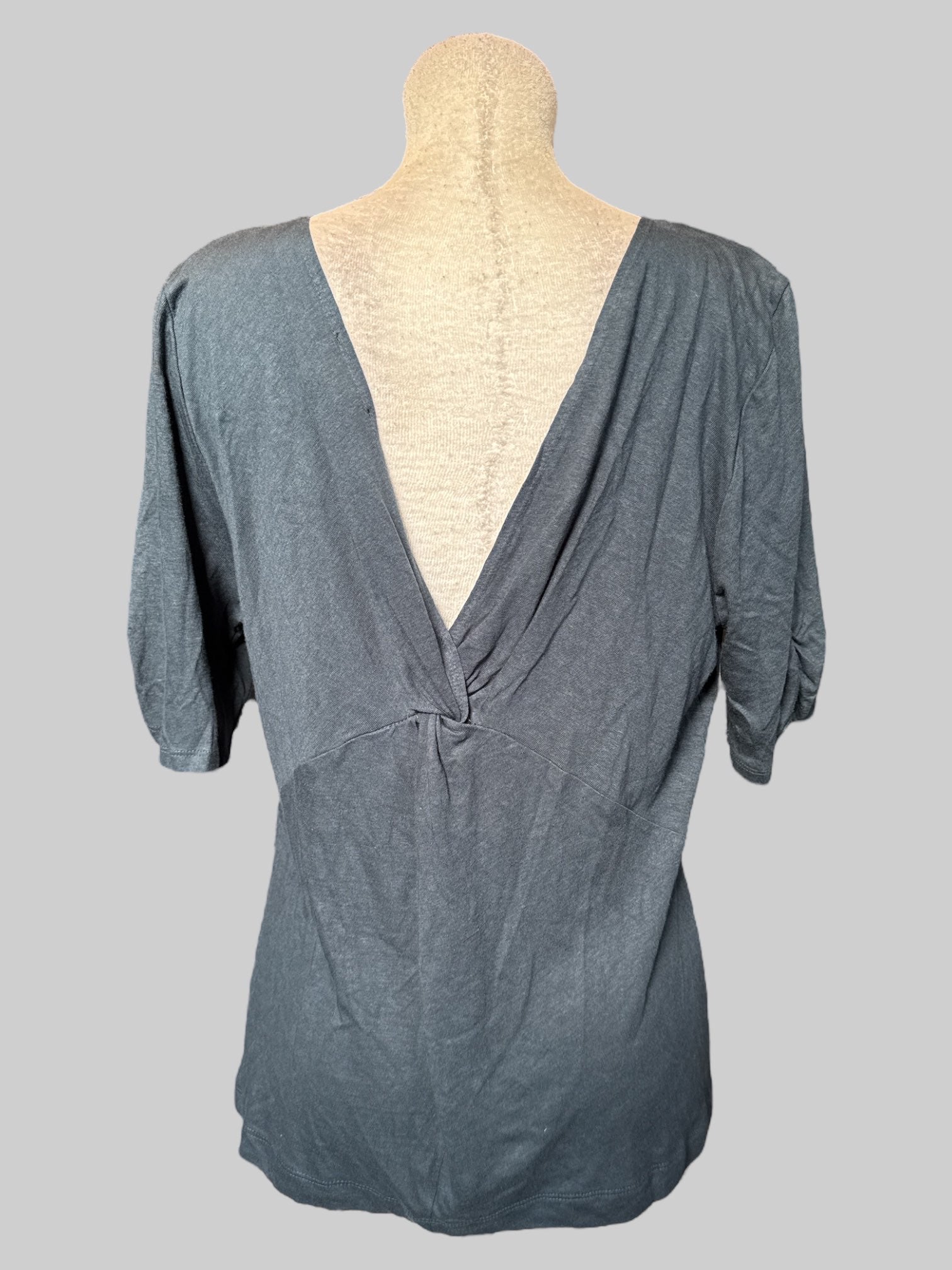 2X NWT Greyish blue short sleeve top with Open back and small ruching on sleeves