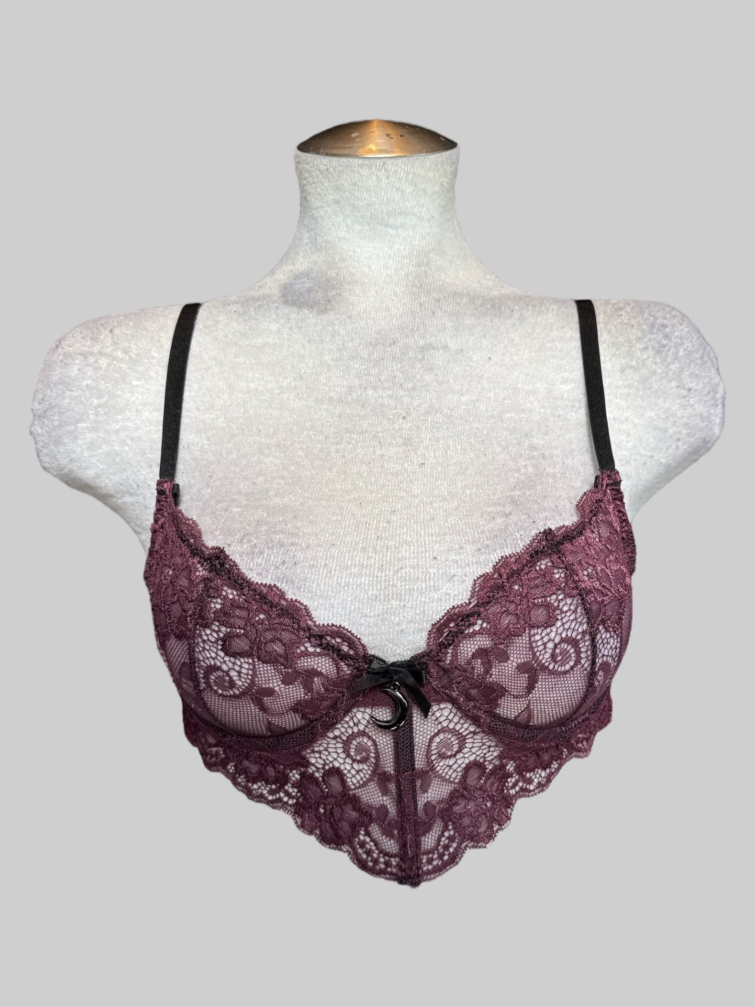 S Killstar burgundy lace bra with boning and black bow with moon black moon pendant