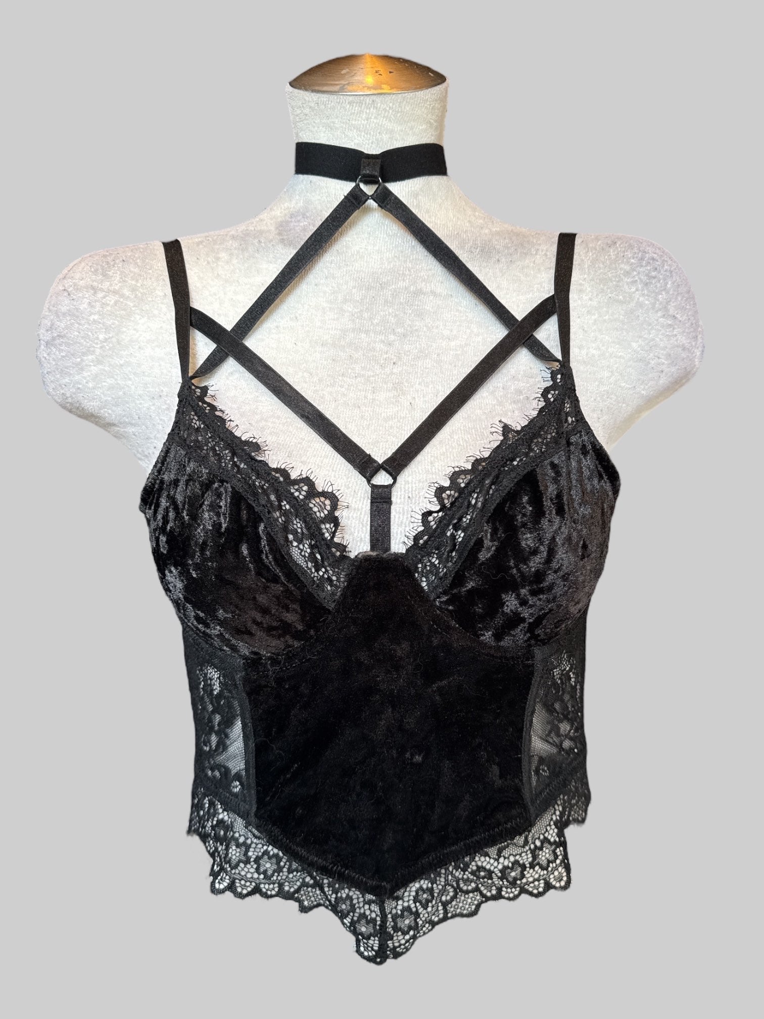 S Killstar Ever Ayla black corset style top with velvet, black floral lace, and straps