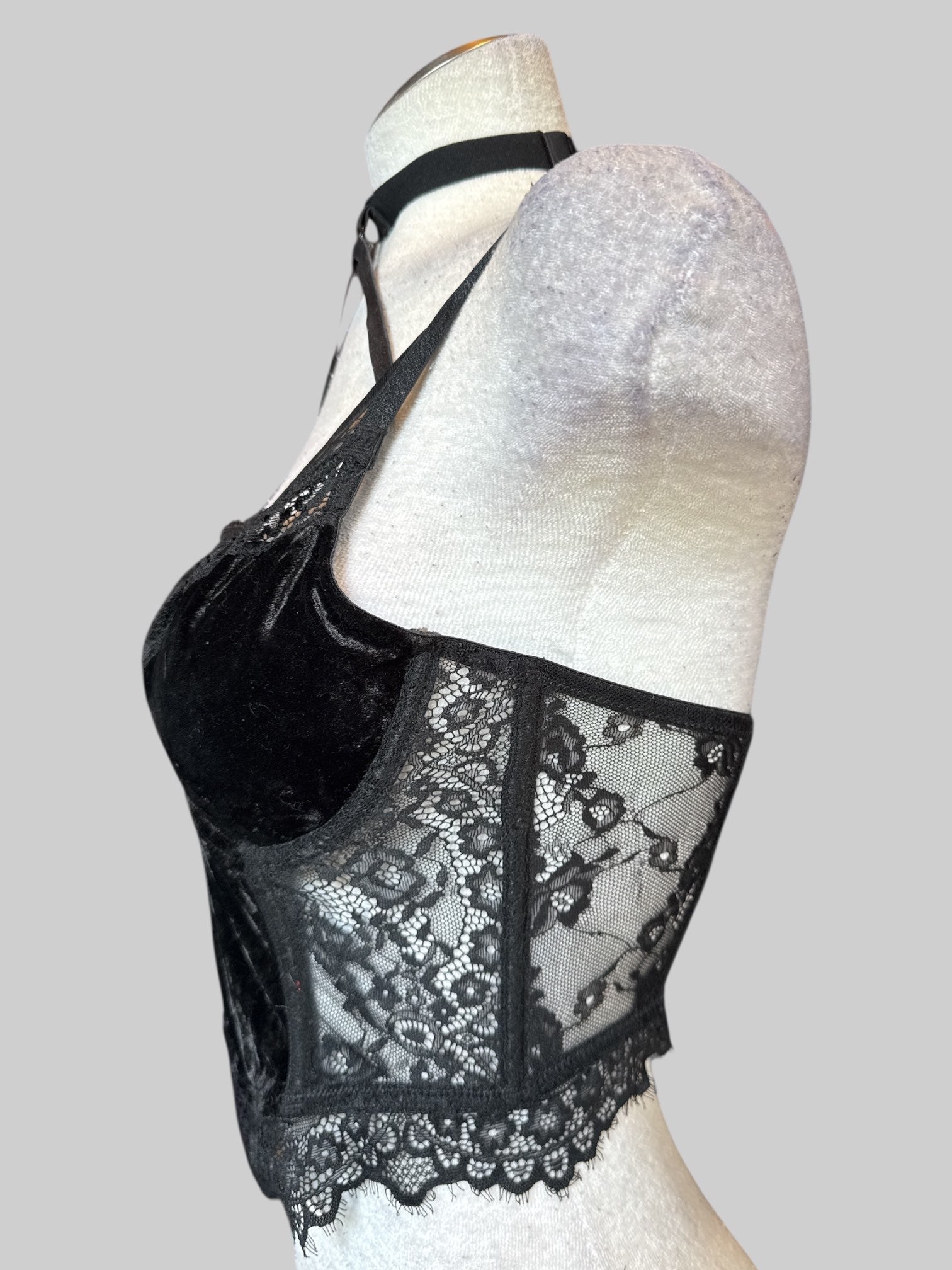 S Killstar Ever Ayla black corset style top with velvet, black floral lace, and straps